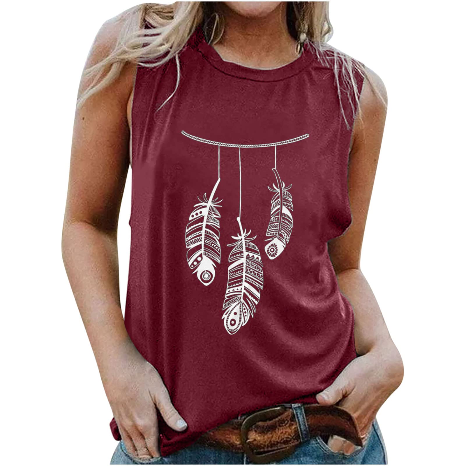 Women's Sleeveless Summer Tunic Tops - Loose Fit Feather Print Graphic Tank Tees for Beach, Vacation & Casual Wear
