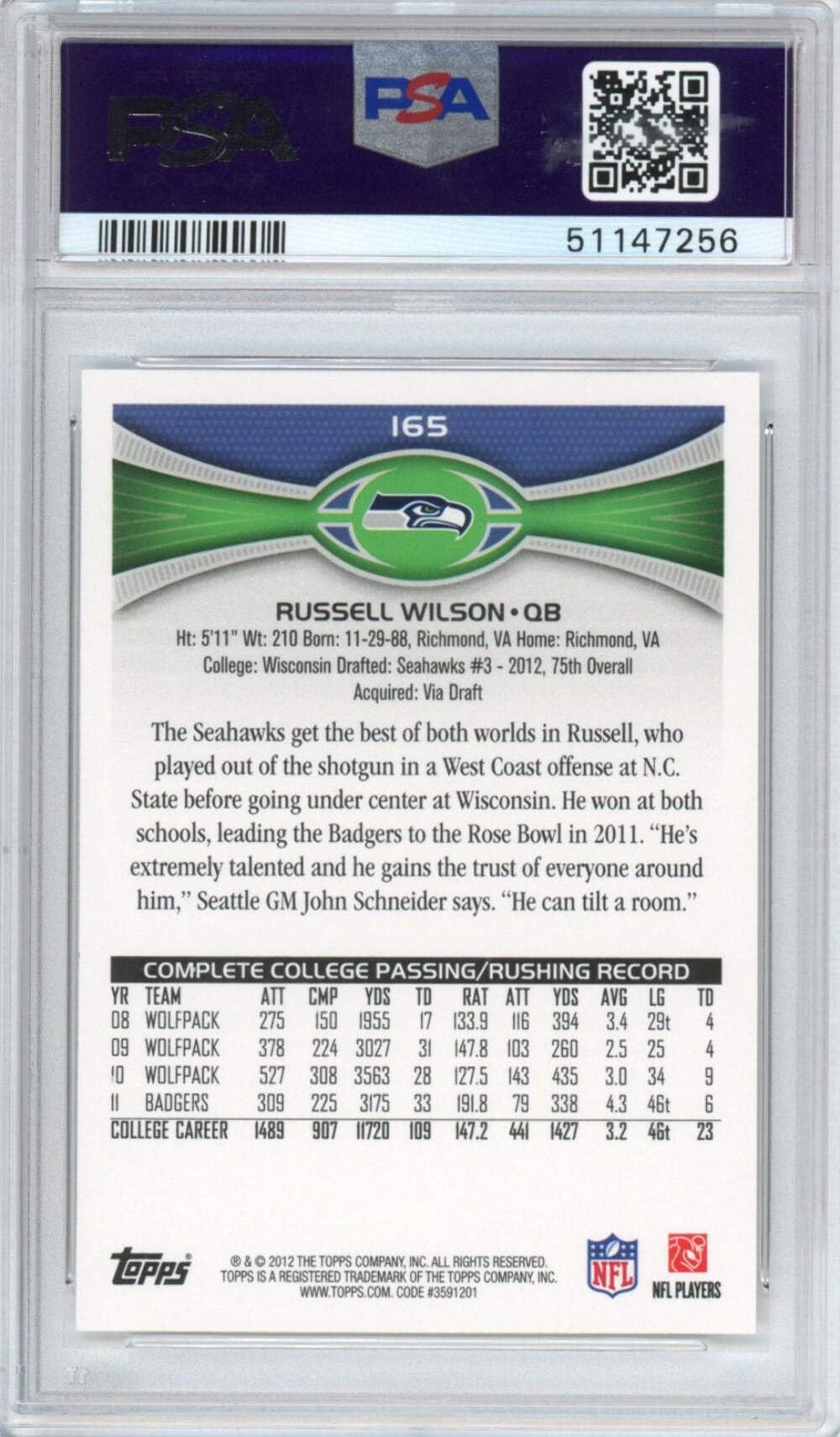 2012 Topps Russell Wilson #165 Rookie RC Football Card PSA 10 Gem Mint - Rare Collectible for Sports Memorabilia & Investment - Perfect for Display, Trading, and Football Fans