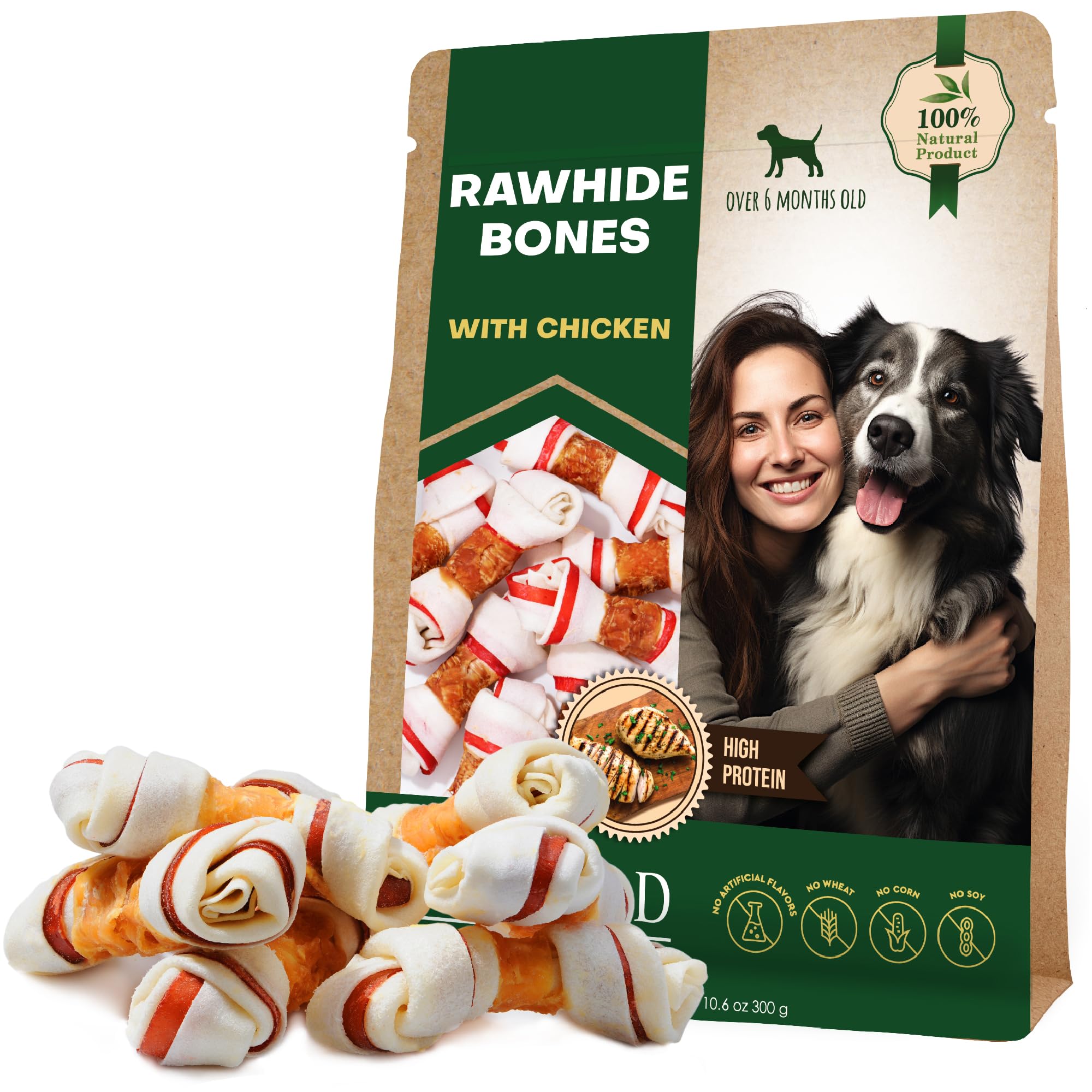 Premium Dog Rawhide Bones Wrapped with Chicken - Natural Grain-Free Chew Treats for Small & Large Dogs - Human-Grade Healthy Training Snacks in Bulk - Made in USA - Perfect for Teething, Training & Dental Health