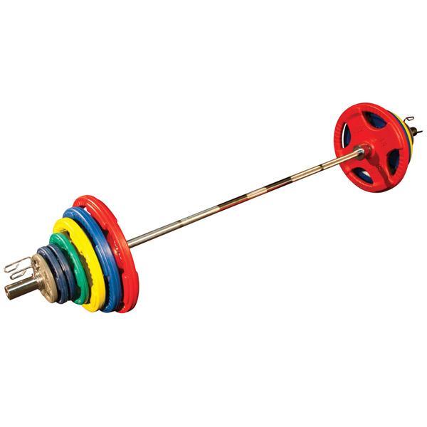 Olympic Weight Plates Set - 300 lb Color Grip Bumper Plates with 7ft Olympic Bar for CrossFit, Home Gym & Strength Training