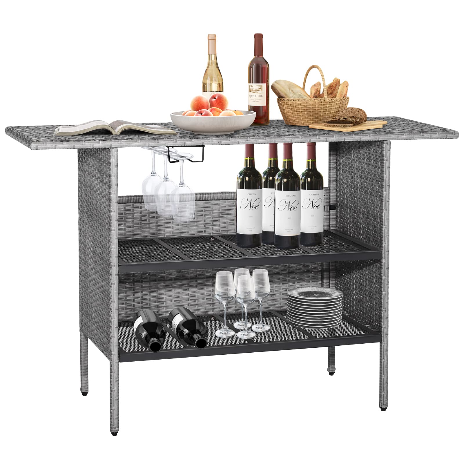 Tangkula Outdoor Wicker Bar Table - All-Weather Patio Bar Height Table with 2 Metal Mesh Shelves & 2-Rail Steel Stemware Racks - Rattan Bar Counter for Backyard, Poolside, Garden (Mix Grey) | Perfect for Outdoor Entertaining, BBQs, and Relaxing by the Pool