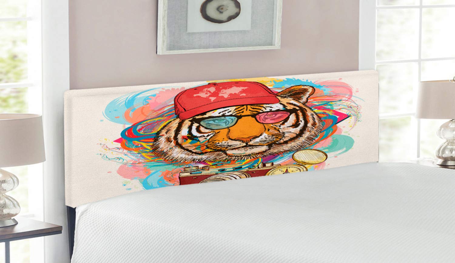 Ambesonne Animal Print Headboard - Upholstered Decorative Metal Bed Frame with Memory Foam, Queen Size, Multicolor Tiger Sunglasses Design - Perfect for Hipster Bedroom Decor, Teen Room & Bohemian Style Apartments