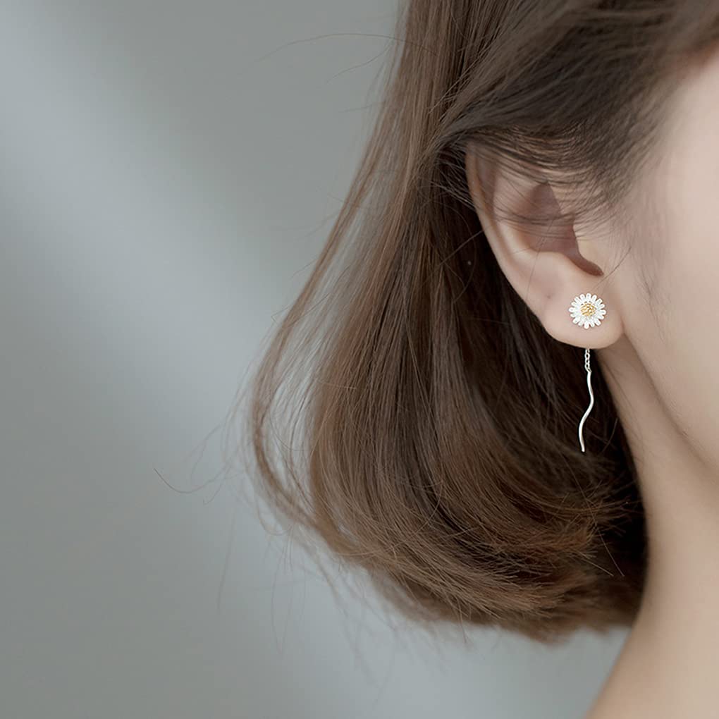 SLUYNZ 925 Sterling Silver Daisy Flower Drop Earrings for Women - Helix Threader Chain Wave Earrings - Elegant Mother's Day Gift for Her - Perfect for Weddings, Parties & Everyday Wear