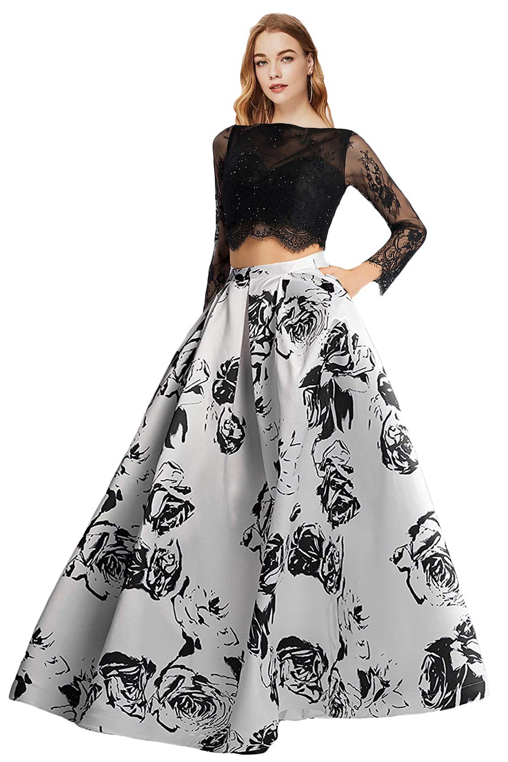 Monalia Women's 2 Piece Long Sleeve Lace Prom Dresses - Elegant Evening Gown for Homecoming, Wedding & Formal Parties