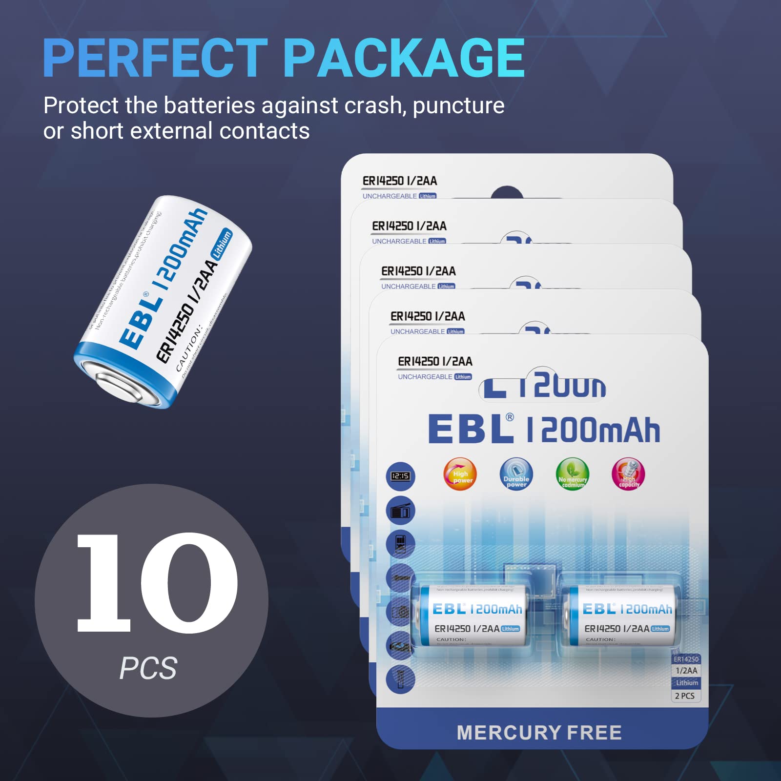 EBL ER14250 3.6V 1200mAh 1/2 AA Lithium Non-Rechargeable Batteries - Long Lasting Power for Medical Devices, Security Systems & Industrial Equipment
