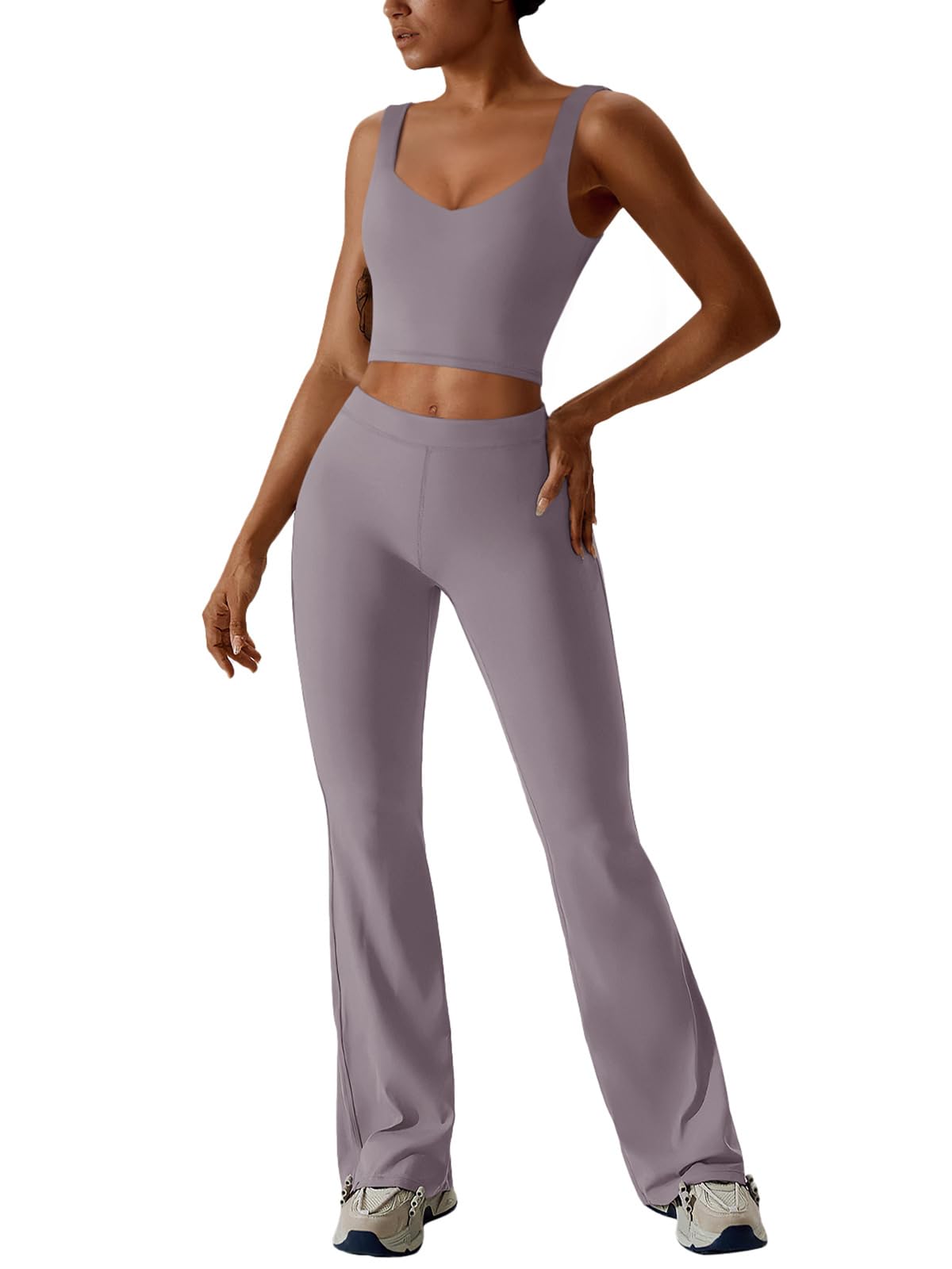 REORIA Women's 2-Piece Workout Set - V-Neck Crop Tank Top & High-Waisted Flare Leggings | Yoga, Gym, Lounge Wear for Women | Comfortable Athletic Outfit for Running, Pilates & Casual Wear