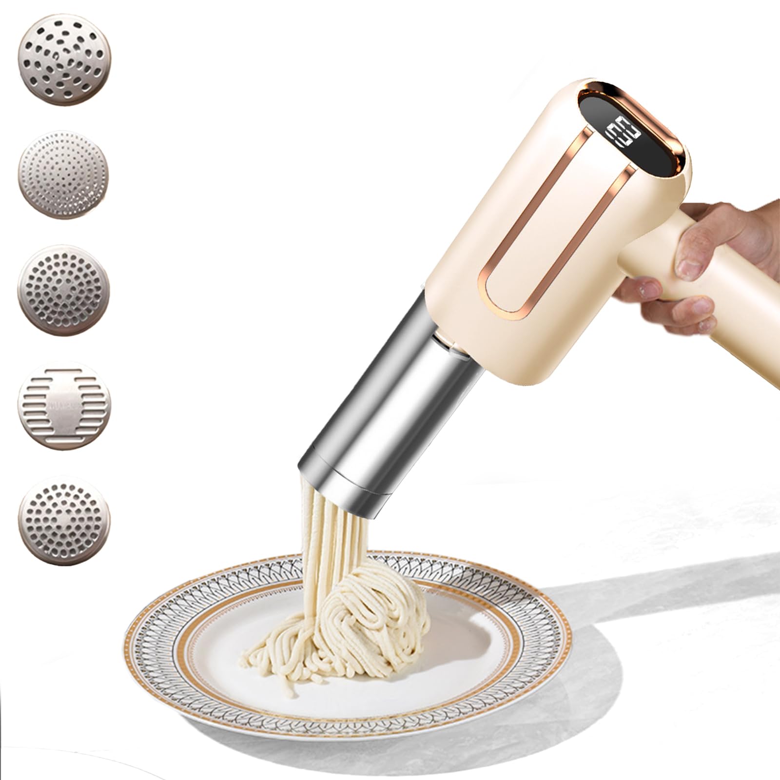 Electric Pasta Maker Machine - 4000mAh Rechargeable Battery, 5-in-1 Cordless Pasta Press with LCD Power Display & 6 Shaping Molds for Homemade Spaghetti, Ramen, Fettuccine - Perfect for Italian Cuisine, Family Cooking & Restaurant Use