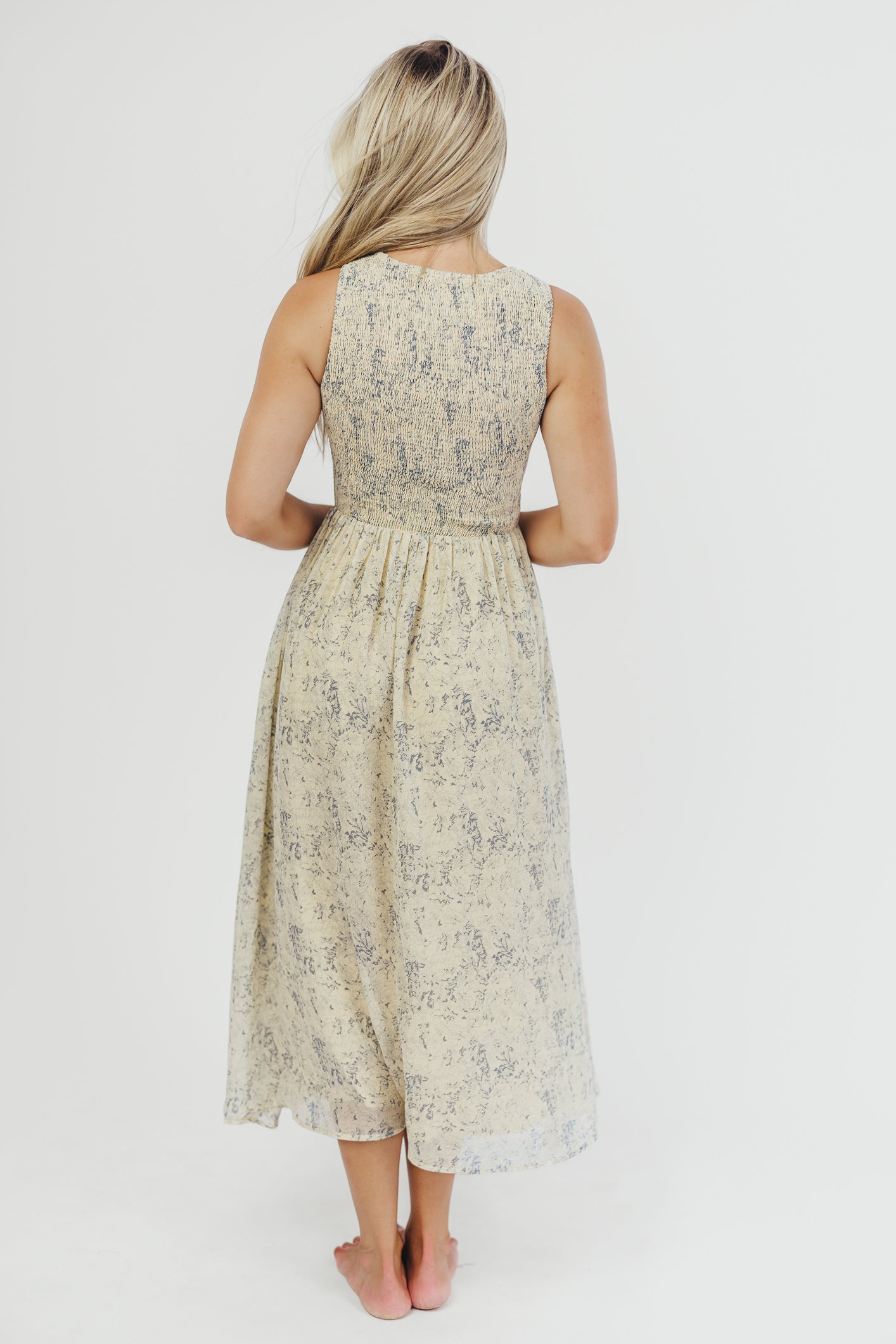 Alaina Floral Print Smocked Midi Dress - Blue Multi Color Summer Dress for Women | Perfect for Beach Vacations, Garden Parties & Casual Outings