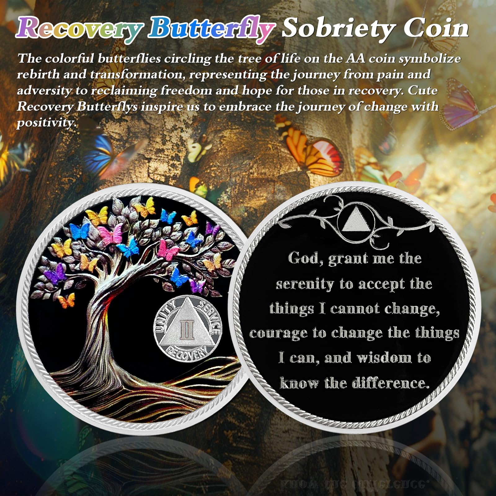 2 Year Sobriety Coin - Butterfly Tree of Life AA Medallion - NA HA Recovery Chip for 1-62 Years Clean - Inspirational Alcoholics Anonymous Gift for Men & Women - Perfect for Milestone Celebrations & Support Group Meetings