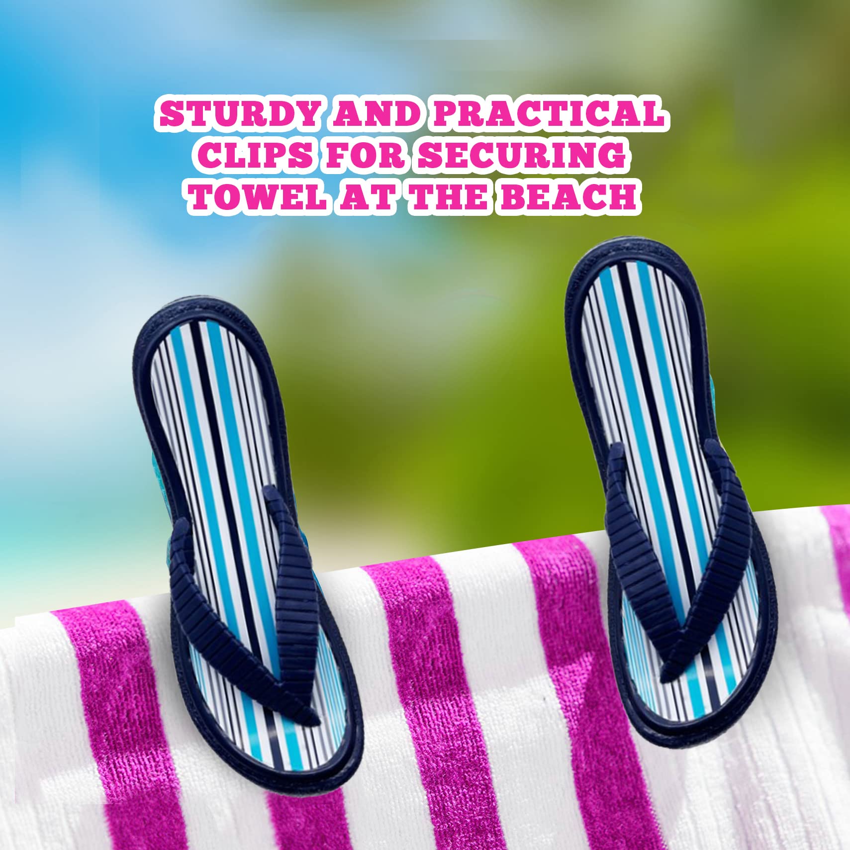 PERFORMORE 2-Pack Flip Flop Beach Towel Clips - Secure Portable Towel Holder for Chairs, Deck, Patio, Pool & Boat - Cruise & Lounge Chair Accessories with Blue Strap - Perfect for Beach, Vacation & Outdoor Relaxation