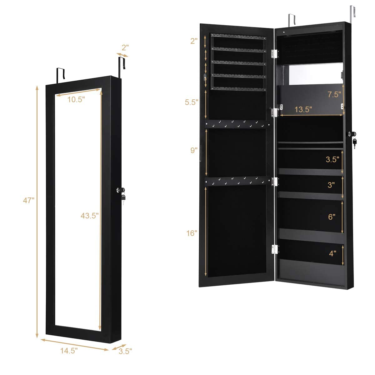 MAT EXPERT 15-LED Jewelry Armoire with Full-Length Mirror - Lockable Wall/Door Mounted Jewelry Cabinet Organizer with LED Lights - Perfect for Bedroom, Dressing Room & Makeup Display (Black)
