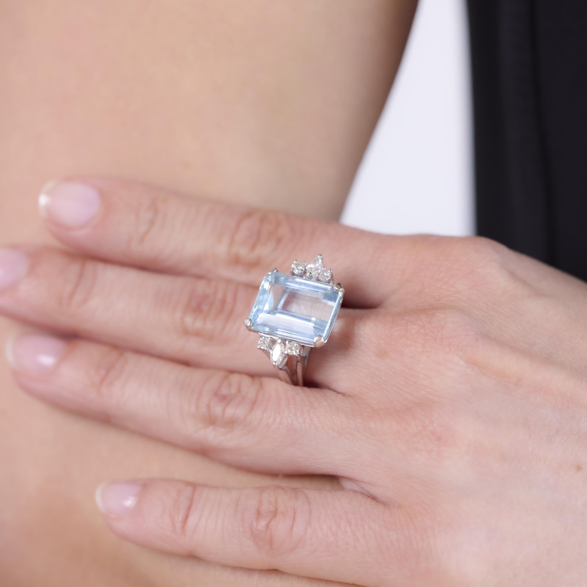 8.80 Carat Aquamarine Diamond 14K White Gold Cocktail Ring - Mid Century Vintage Style Jewelry for Women, Perfect for Evening Parties, Weddings & Special Occasions