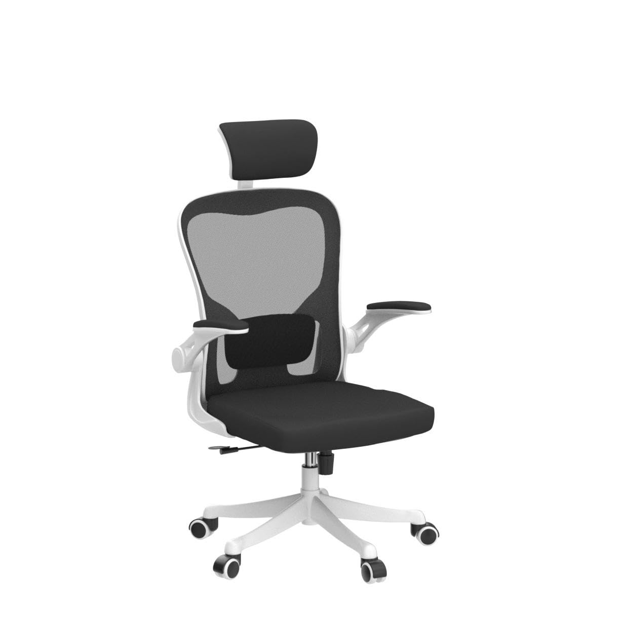 Monhey Ergonomic Office Chair with Lumbar Support, 3D Adjustable Headrest & Flip-Up Arms - High Back Mesh Computer Desk Chair with White Frame & Black Mesh - Perfect for Home Office, Gaming, and Study Workspaces