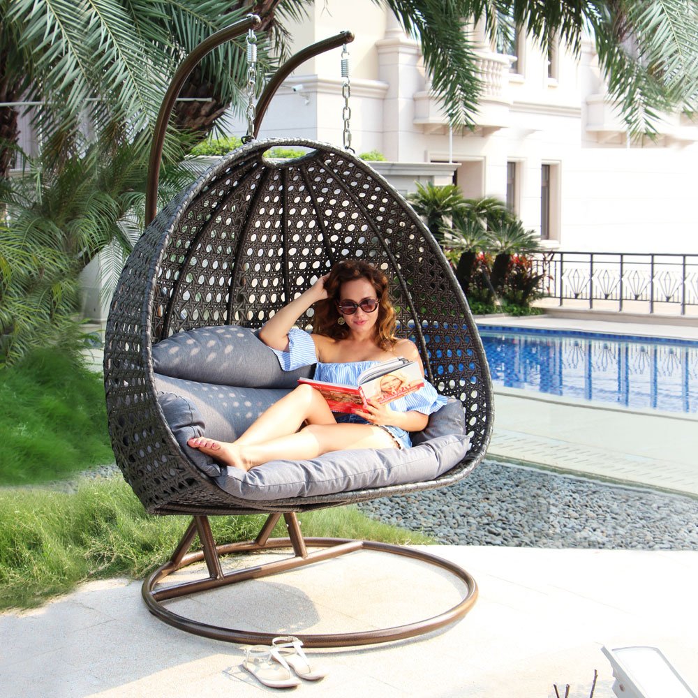 Premium Outdoor Swing Chair with Stand - PE Rattan Wicker Hanging Hammock with Cushions, Patio Loveseat Chaise Lounge for Garden, Backyard, Porch & Indoor Decor (Charcoal) | Perfect for Relaxation, Reading & Sunbathing