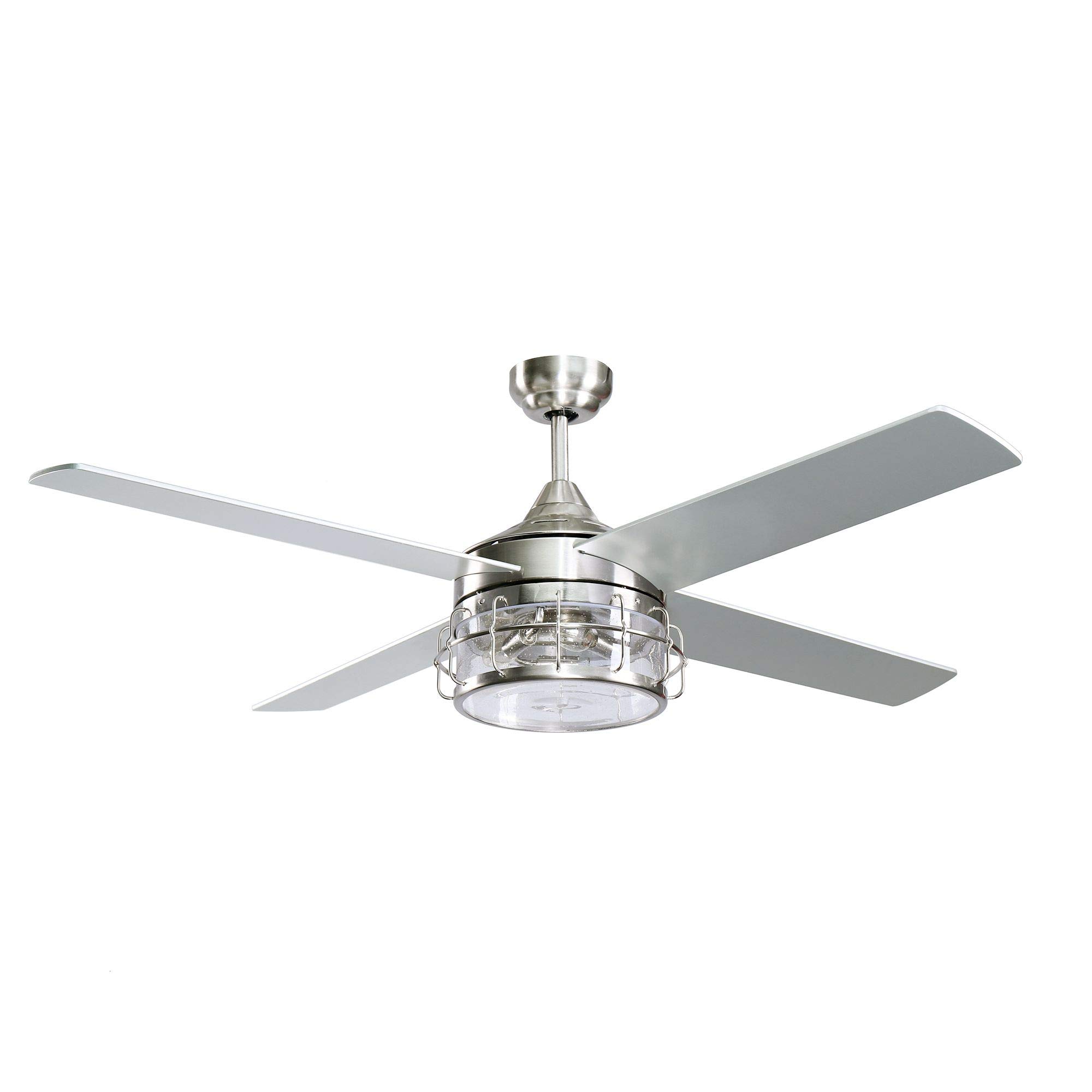 52 Inch Industrial Ceiling Fan with Lights and Remote Control - Brushed Nickel Finish for Living Room, Bedroom, or Office Cooling and Lighting