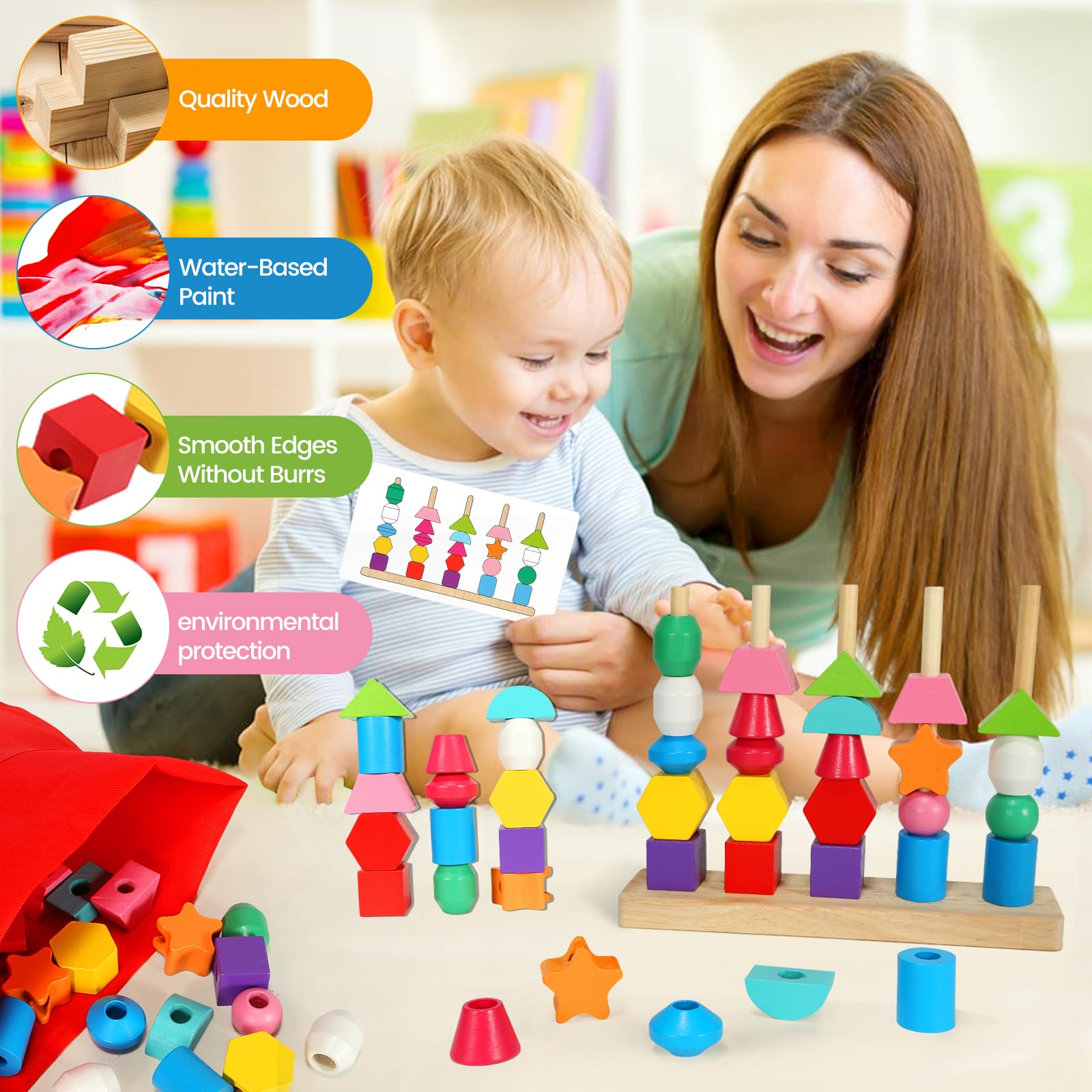 Montessori Wooden Shape Matching Game & Lacing Beads - Fine Motor Skills Toys for Toddlers Age 2-4 | Preschool Learning Activities, Sorting & Stacking Educational Toys for Boys & Girls | Perfect for Homeschooling & Early Childhood Development