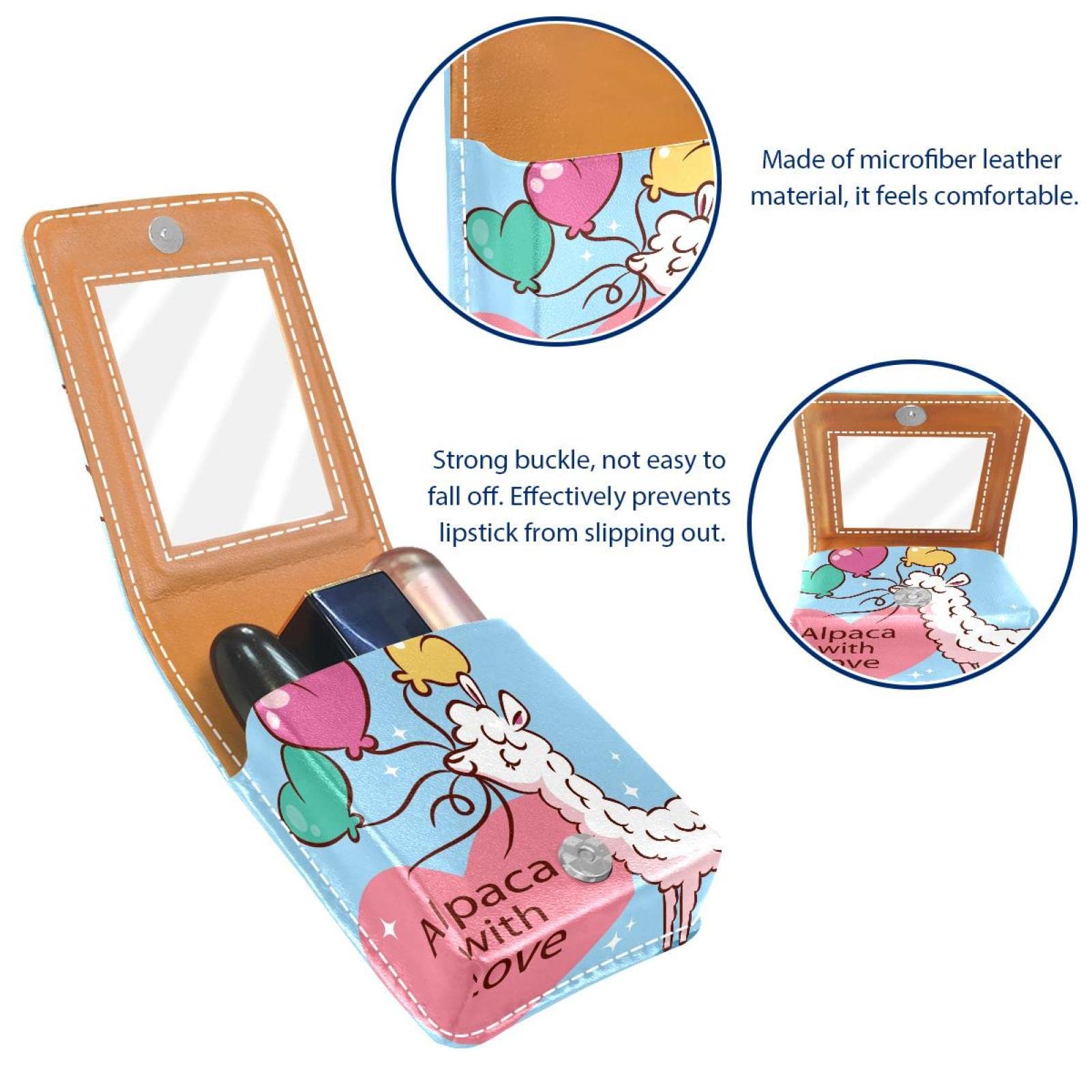 Personalized Lipstick Case - Cute Alpaca Design Portable Makeup Bag & Cosmetic Pouch Organizer for Women | Perfect for Travel, Gift, and Daily Makeup Storage (Blue Balloon Background)