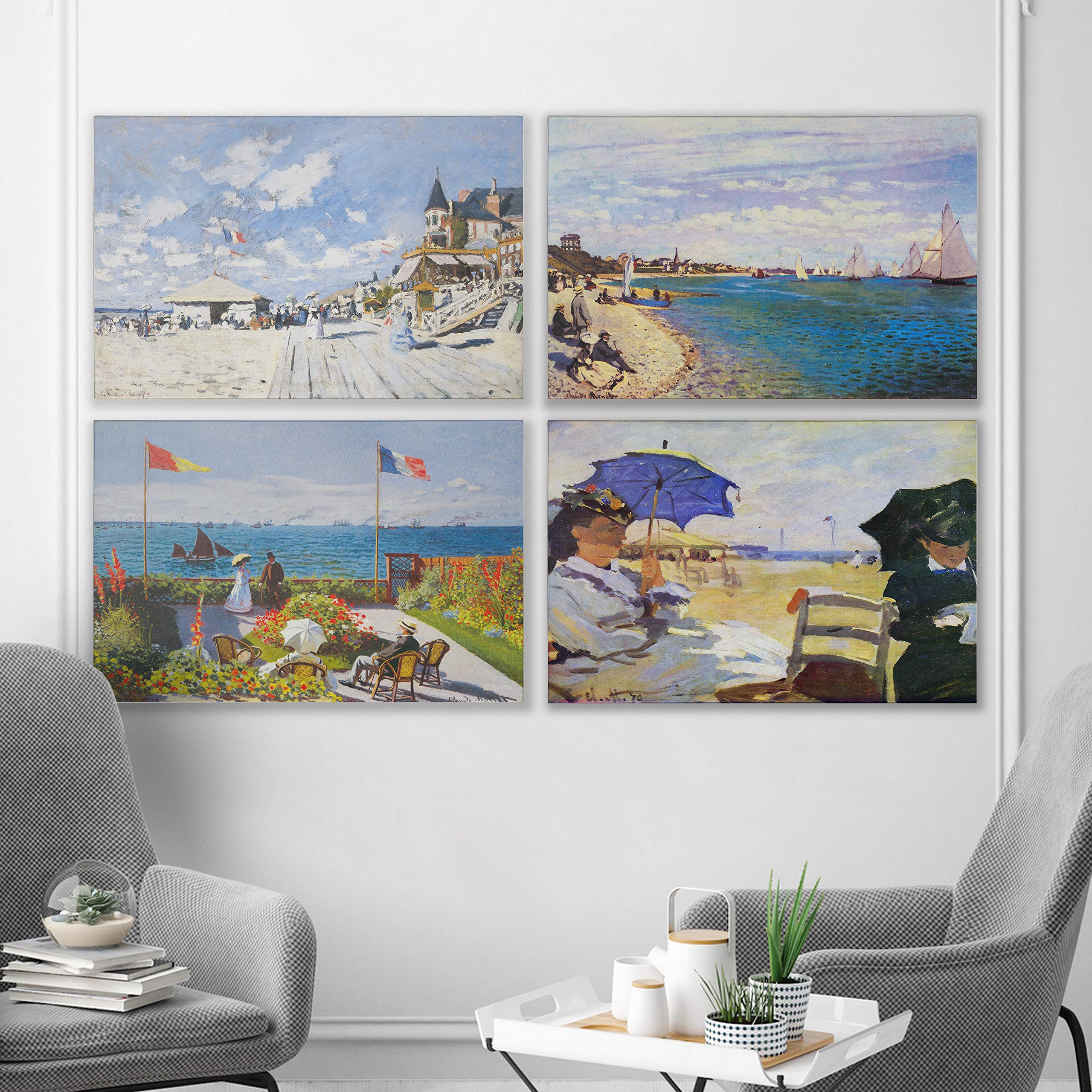 Beach View Gallery Wrapped Canvas Wall Art Set of 4 - Coastal Landscape Paintings for Living Room, Bedroom & Office Decor