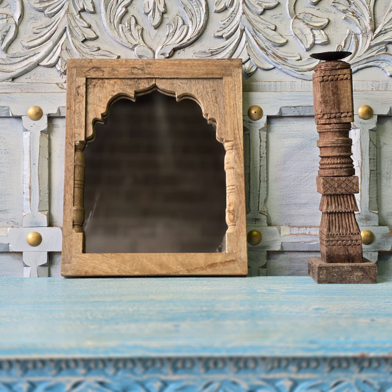 Hand Carved Indian Solid Wood Temple Mirror - Brown 116 - Elegant Wall Decor for Living Room, Bedroom, or Meditation Space