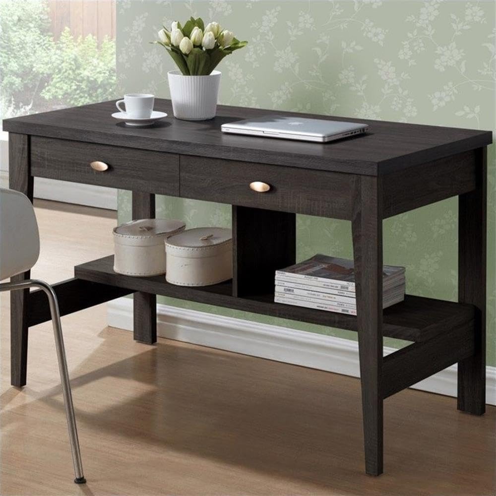 UrbanPro 2-Drawer Engineered Wood Desk with Lower Shelves in Dark Brown - Modern Home Office Furniture for Small Spaces, Study & Work from Home Setup