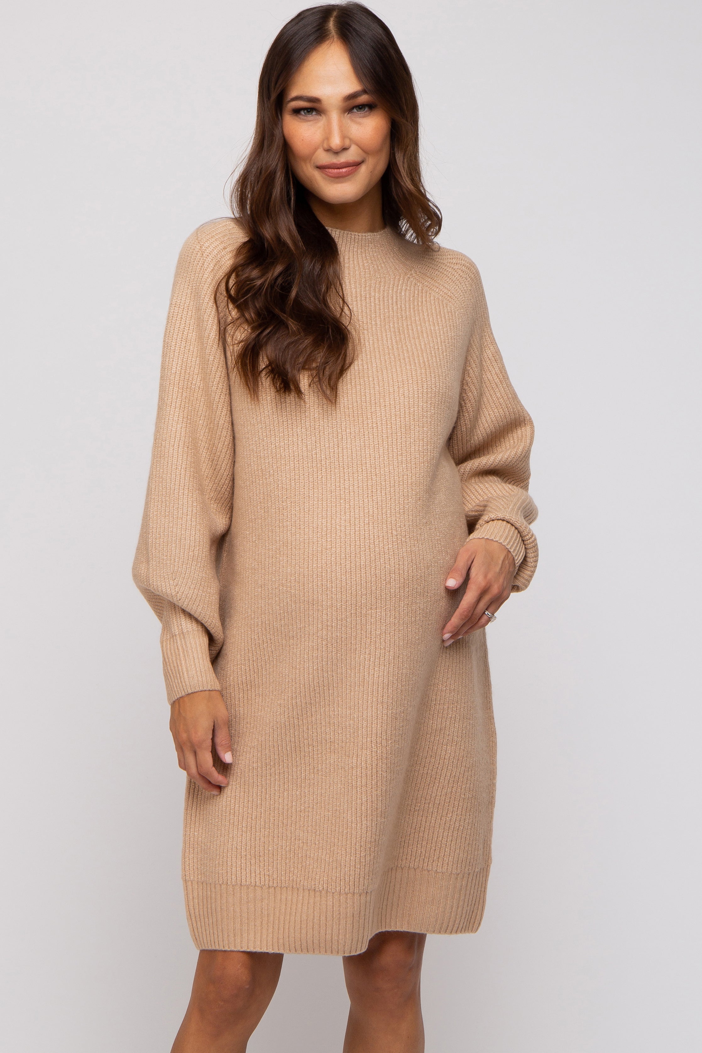 Beige Mock Neck Maternity Sweater Dress for Pregnancy - Soft Comfortable Long Sleeve Nursing Dress for Moms, Perfect for Baby Showers, Maternity Photos & Winter Outfits