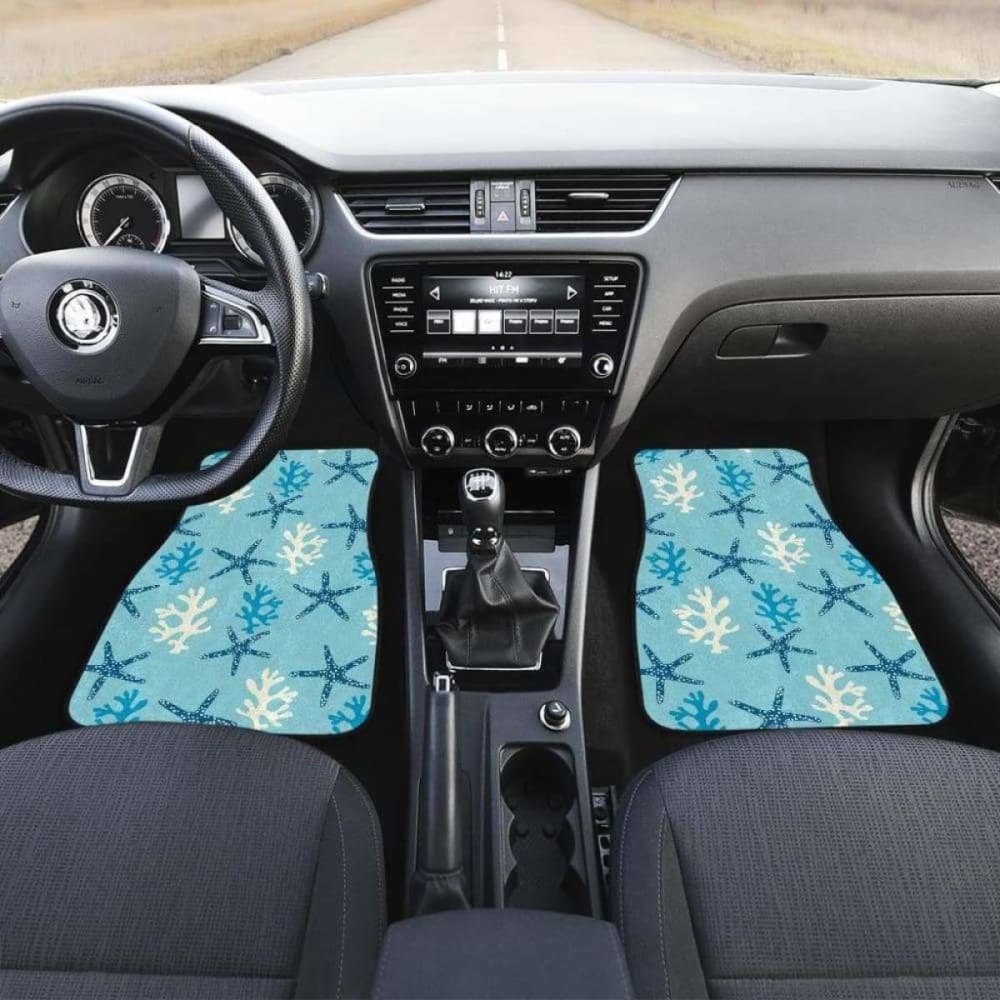Blue Starfish Coral Reef Pattern Car Mats - Non-Slip Front & Back Floor Mats for Cars, SUVs, Trucks - Perfect for Beach Lovers & Ocean-Themed Vehicle Accessories