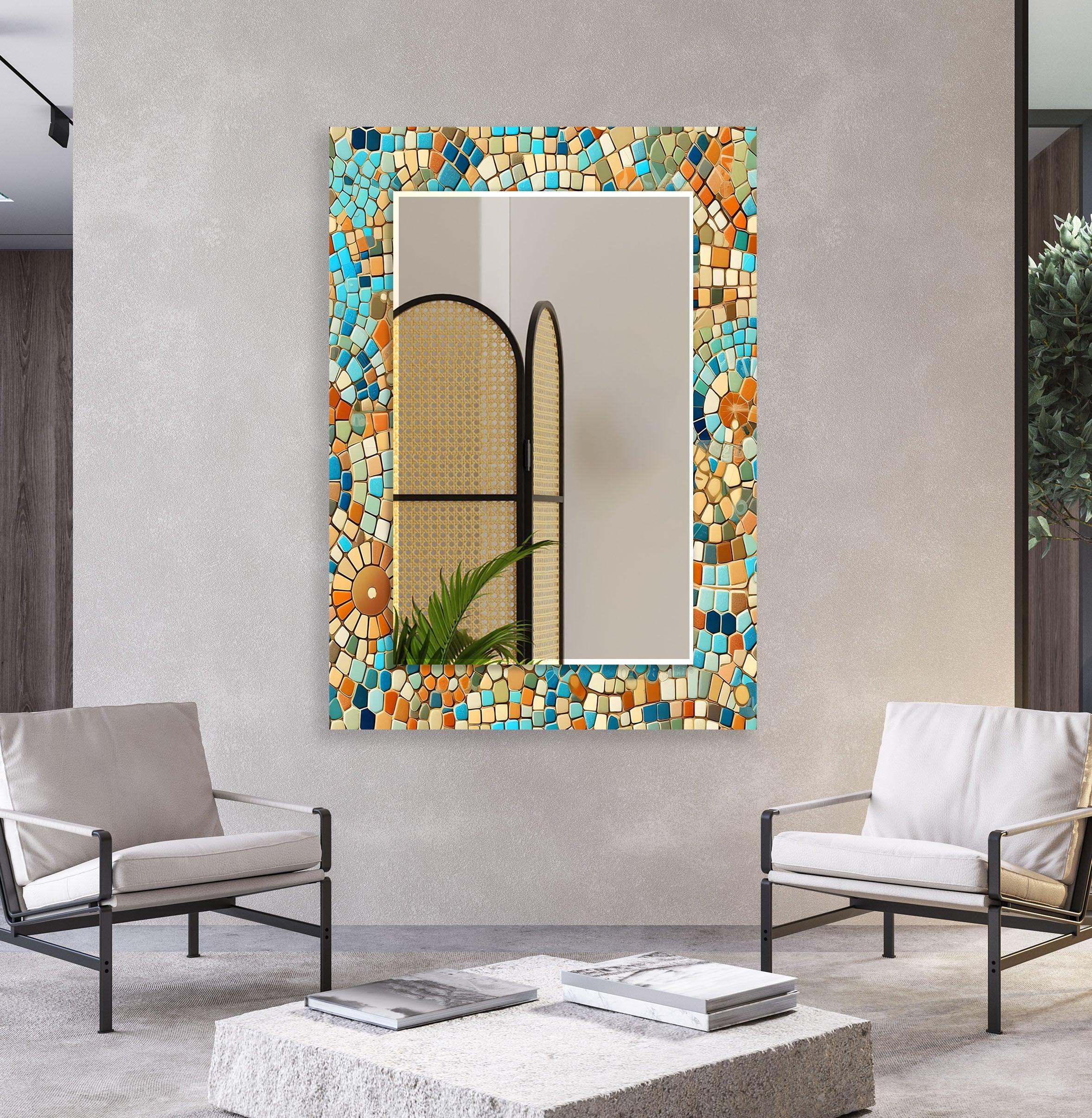 Beige and Blue Mosaic Wall Mirror - Handmade Decorative Bathroom Vanity Mirror - Perfect for Bedroom, Living Room & Entryway Décor