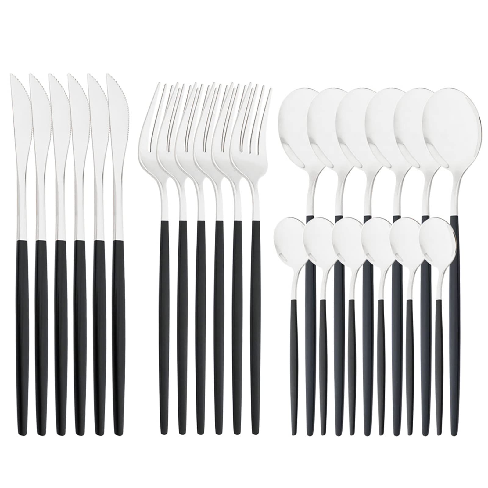 24-Piece Mirror Cutlery Serving Set - 18/0 Stainless Steel Silverware with Black Handle - Modern Tableware for Home, Party, Restaurant & Christmas Dinner - Service for 6 (Black Silver) - Perfect for Holiday Gatherings, Wedding Receptions & Fine Dining