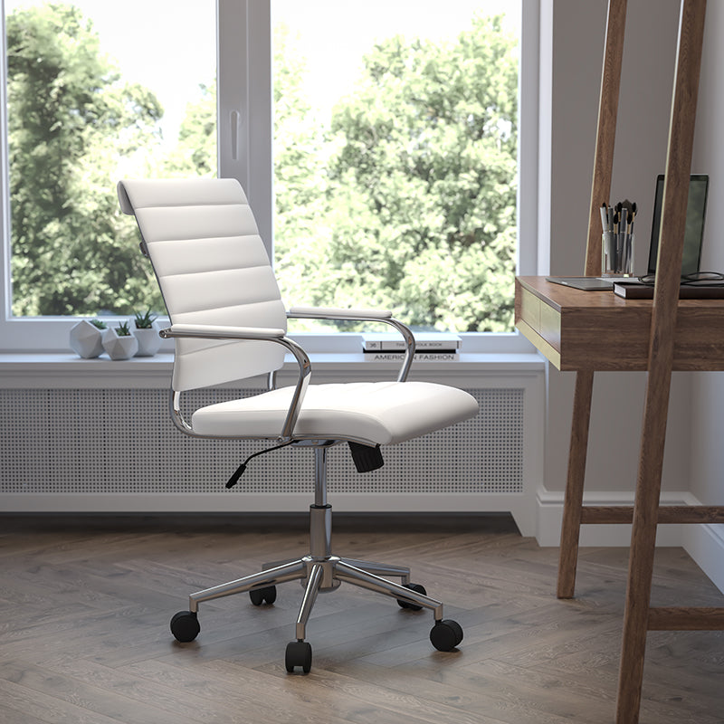 FLASH Hansel Mid Back Executive Office Chair - White LeatherSoft Upholstery, Ergonomic Swivel Design for Home & Office Workspace - Perfect for Desk Work, Conference Rooms & Professional Environments