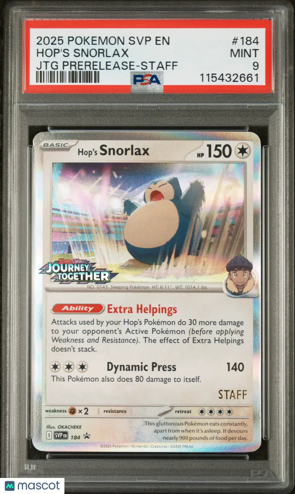 2025 Pokemon SV Black Star Promo Hop's Snorlax #184 JTG Prerelease Staff PSA 9 Graded Card - Rare Collectible for Pokemon TCG Players & Investors | Perfect for Gaming Tournaments, Display Cases & Investment Portfolios