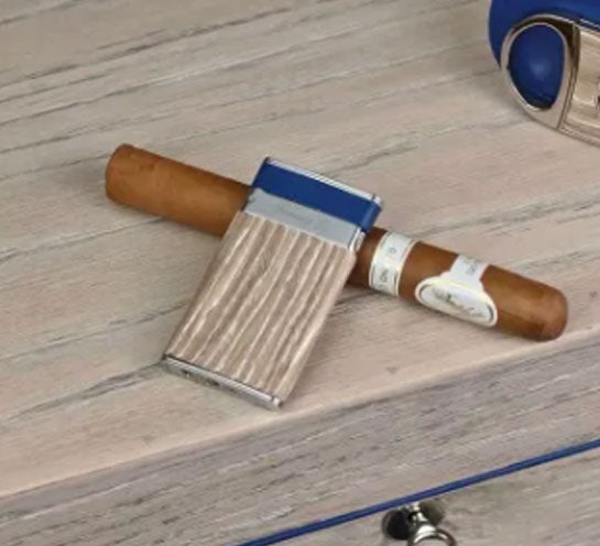 Premium Brizard & Co Bleached Oak & Royal Blue Two-Tone Sottile Lighter - Elegant Windproof Refillable Butane Lighter for Cigars, Candles & Outdoor Use