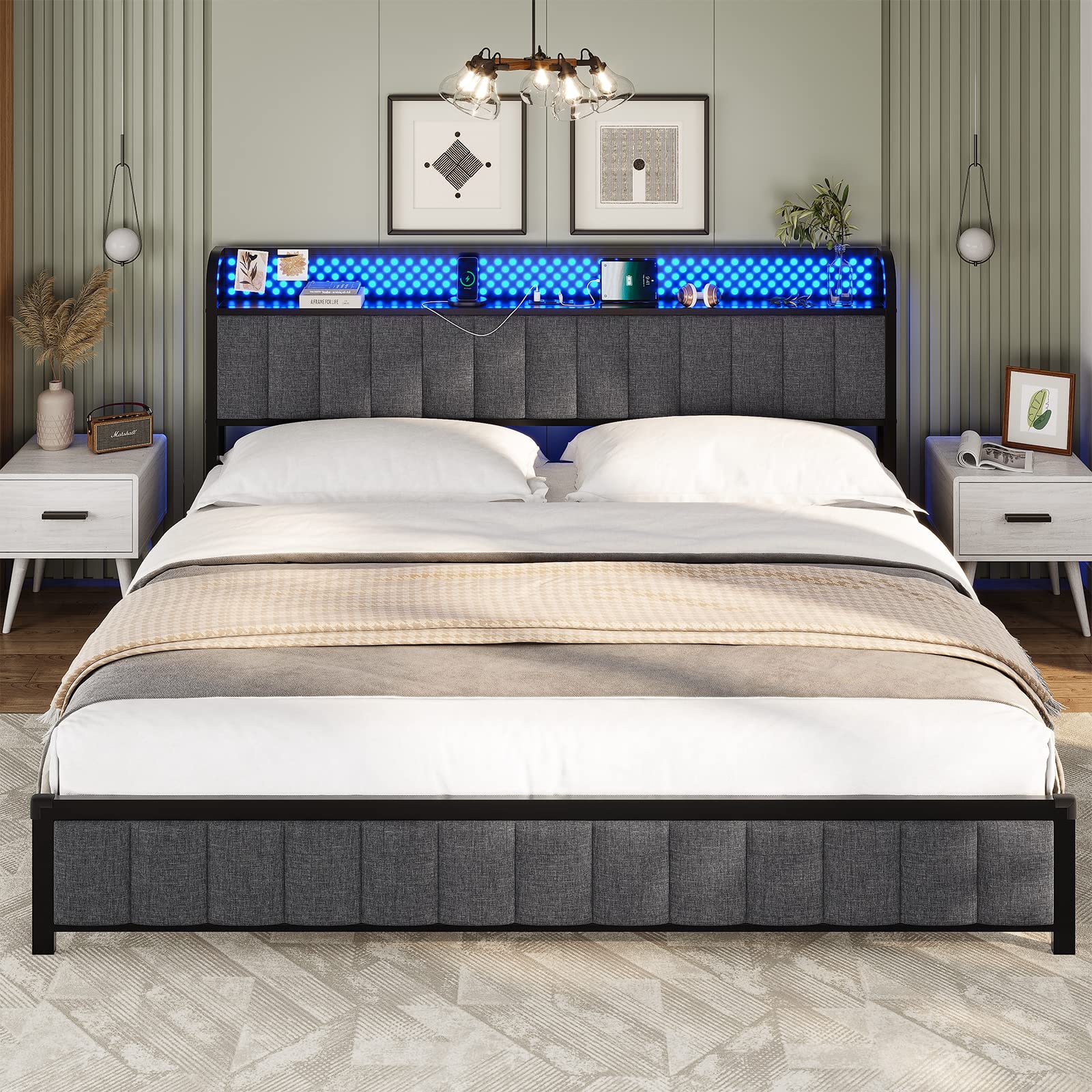 King Size Bed Frame with Storage Headboard - Built-in Shelf, Power Outlet & RGB Lighting, Pegboard Design, Linen Upholstered Platform Bed, Reinforced 2-Row Mid-Beams, No Box Spring Required (Dark Grey) - Perfect for Modern Bedrooms, Guest Rooms & Small Spaces with Storage Needs