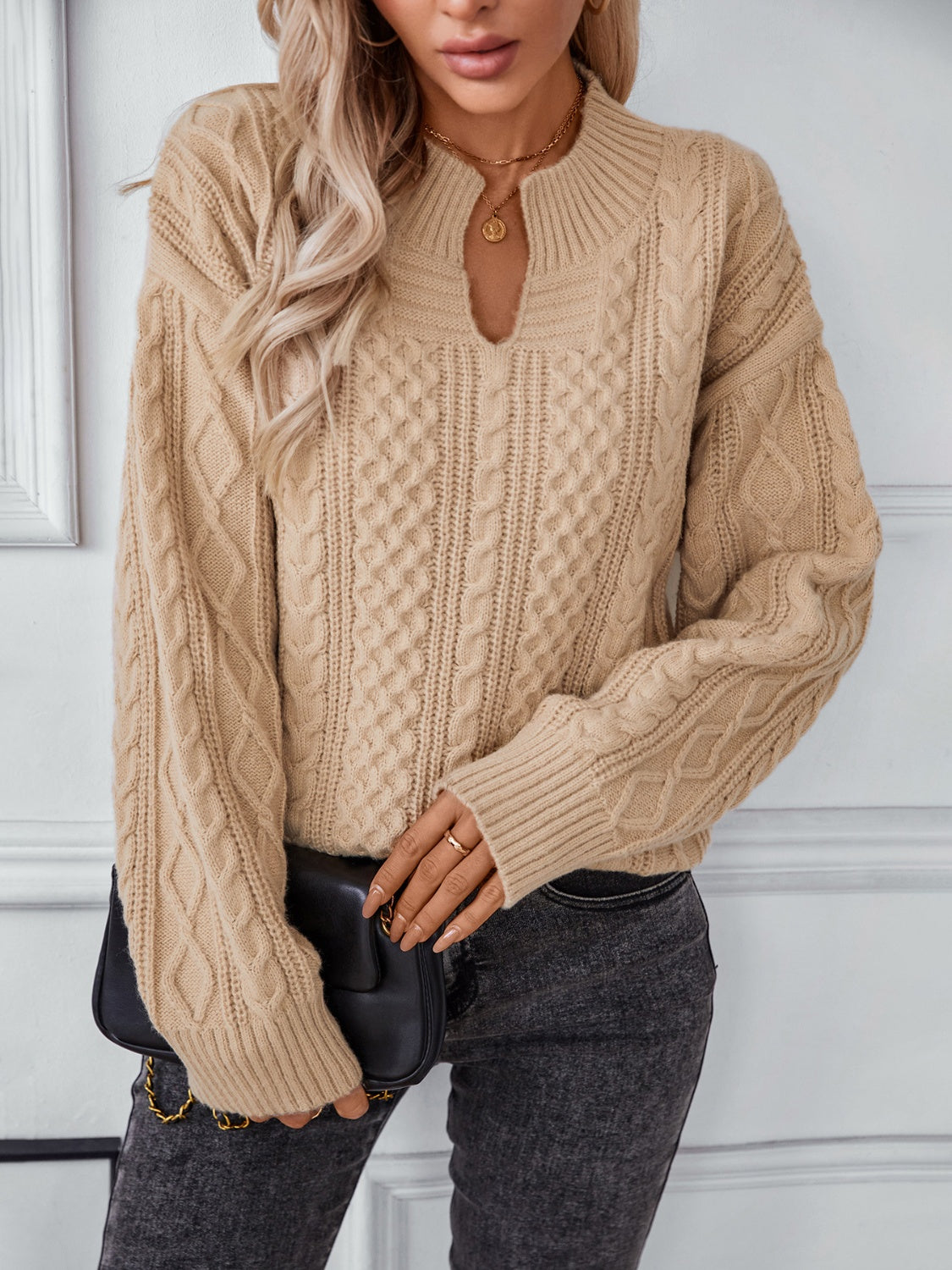 Cozy Cable Knit Notched Long Sleeve Sweater for Women - Winter Pullover with Elegant Neckline | Perfect for Office, Date Night & Holiday Outfits