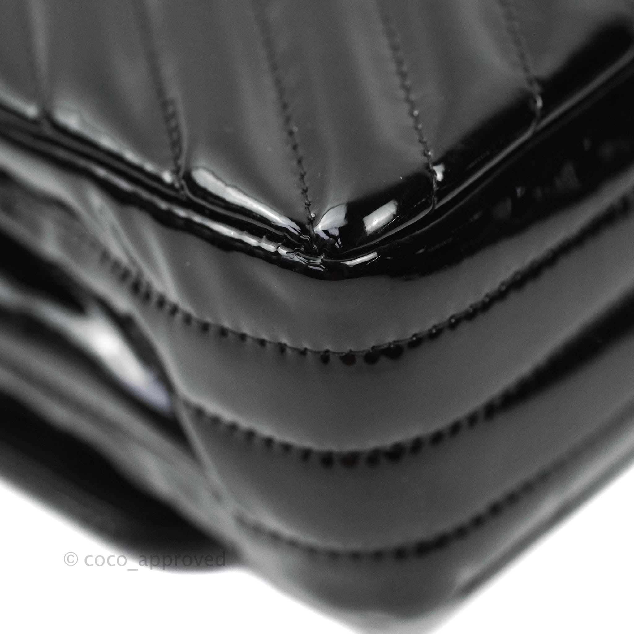 Chanel Classic Chevron M/L Medium Double Flap Bag - Black Patent Leather with Silver Hardware | Luxury Designer Handbag for Women, Perfect for Work, Evening Events & Special Occasions