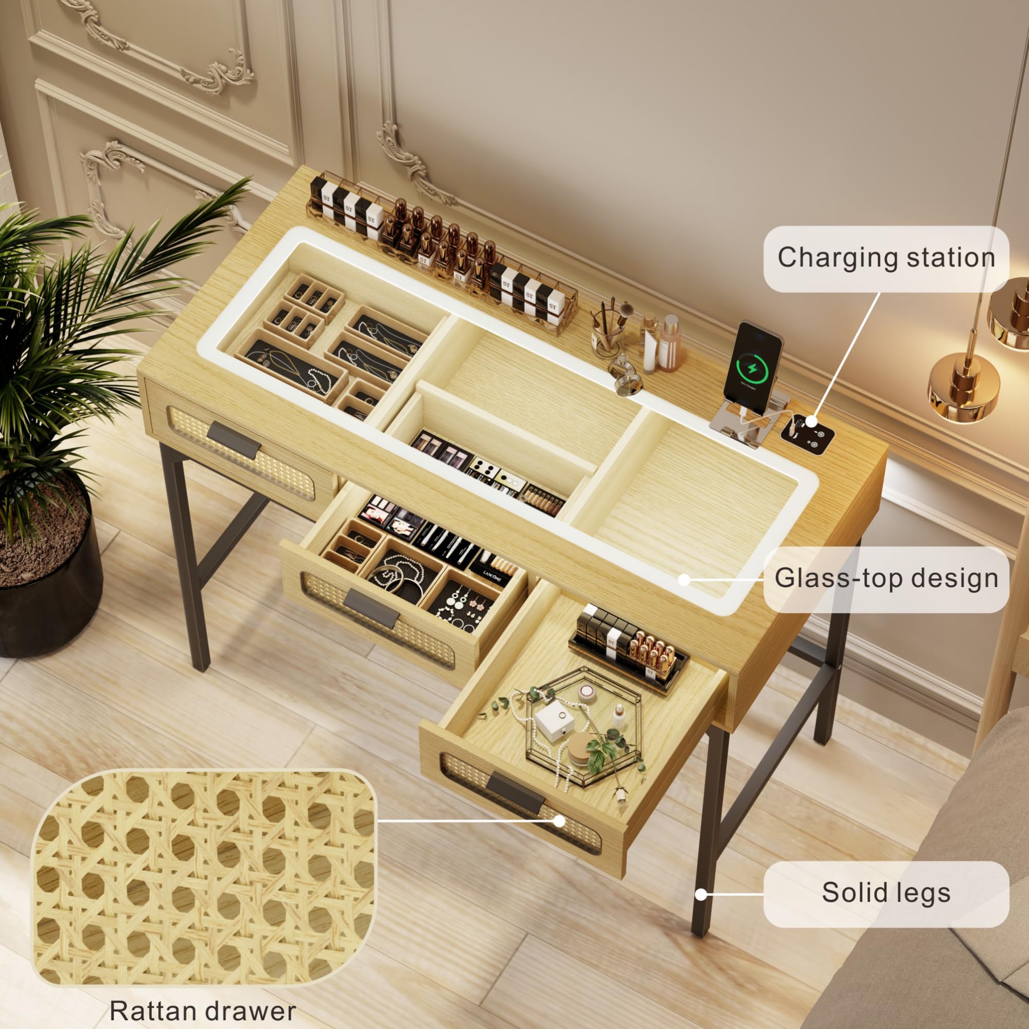 LED Makeup Vanity Desk with Glass Top & Charging Station - Wooden Dressing Table with Rattan Drawers, Modern Bedroom Furniture for Women, Perfect for Makeup Application, Home Office & Beauty Room Organization