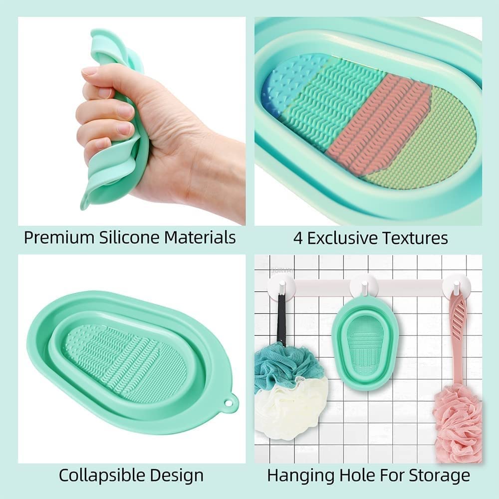 Foldable Silicone Makeup Brush Cleaning Bowl & Pad Set - 2 Pcs Multicolor Cosmetic Brush Cleaner Mat Tool Scrubber for Professional & Home Makeup Brush Care