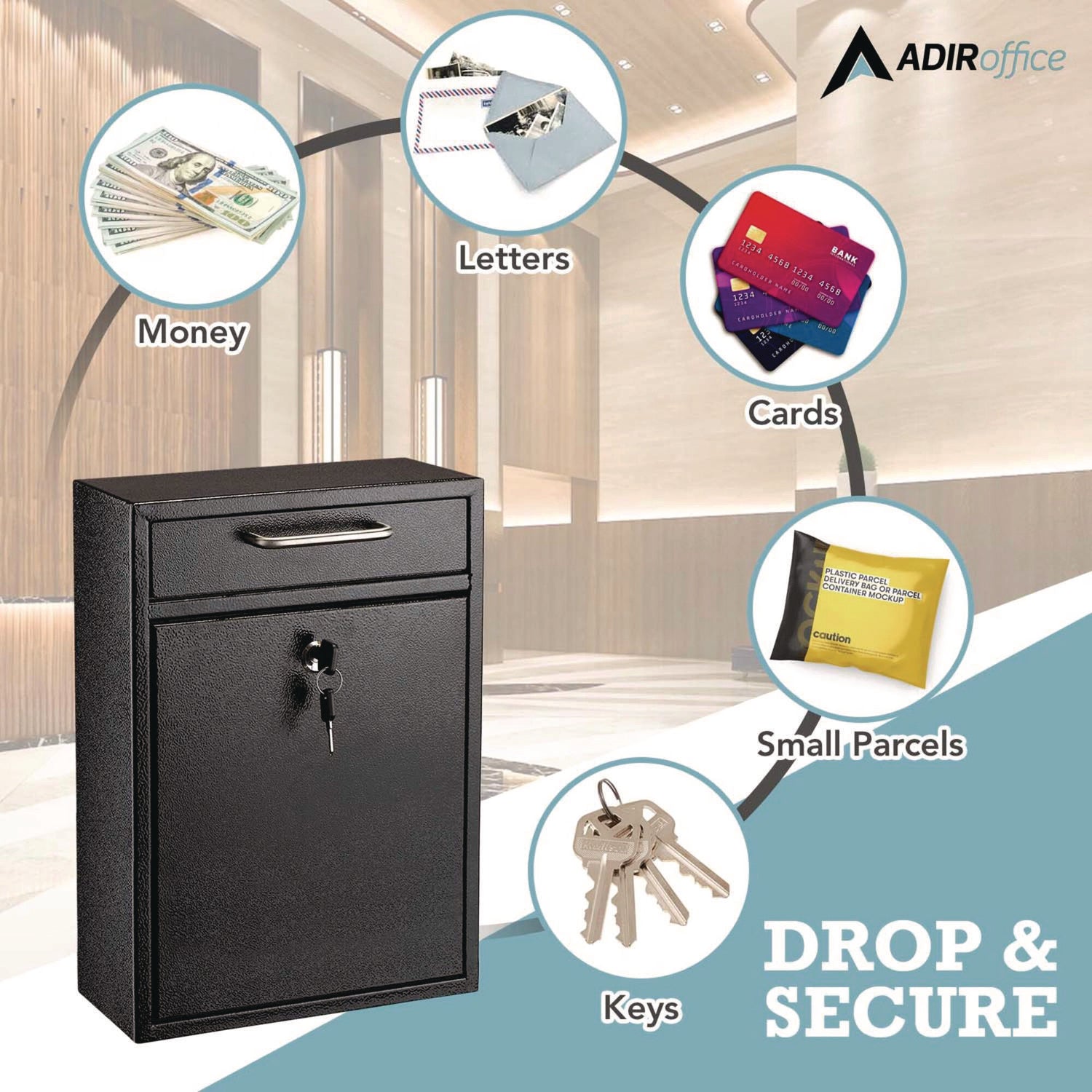 AdirOffice Large Wall Mounted Secure Drop Box - 11.2 x 4.7 x 16.2 Inches - Black Mailbox for Home & Office - Perfect for Secure Package Delivery, Documents and Mail Collection