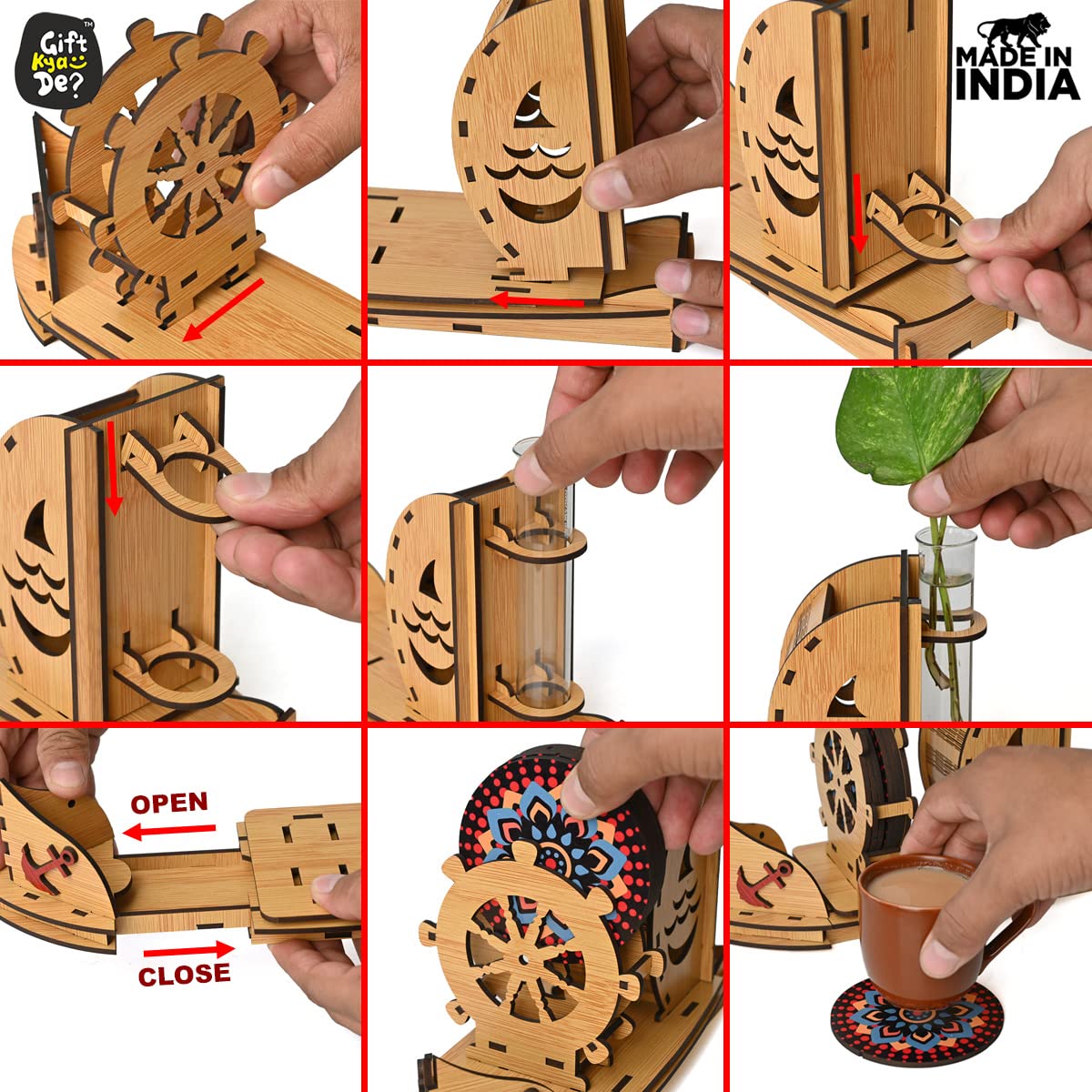 GKD Wooden Coaster Set - 6 Piece Boat Shaped Coasters with Test Tube Planter Holder | Bamboo Drink Coasters for Dining Table Decor & Office Desk Accessories | Perfect for Home Bar, Coffee Table & Kitchen Counter Use