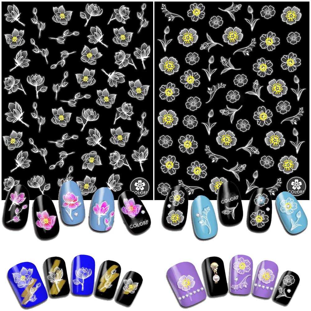 9 Sheets Floral Nail Art Stickers - White Flower Nail Decals, 3D Self-Adhesive Butterfly, Tulip & Cherry Blossom Designs for DIY Acrylic Nails | Perfect for Spring Nail Art, Bridal Manicures & Salon Decorations