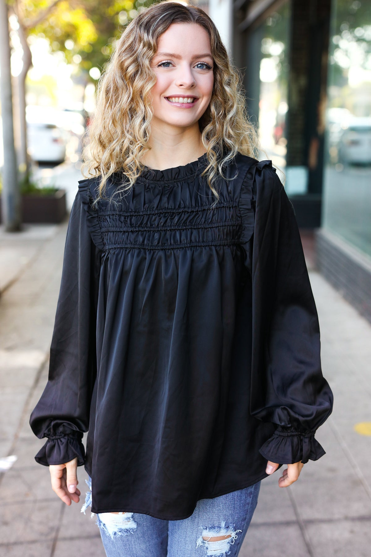 Black Satin Shirred Yoke Frilled Mock Neck Top for Women - Elegant Party & Evening Wear