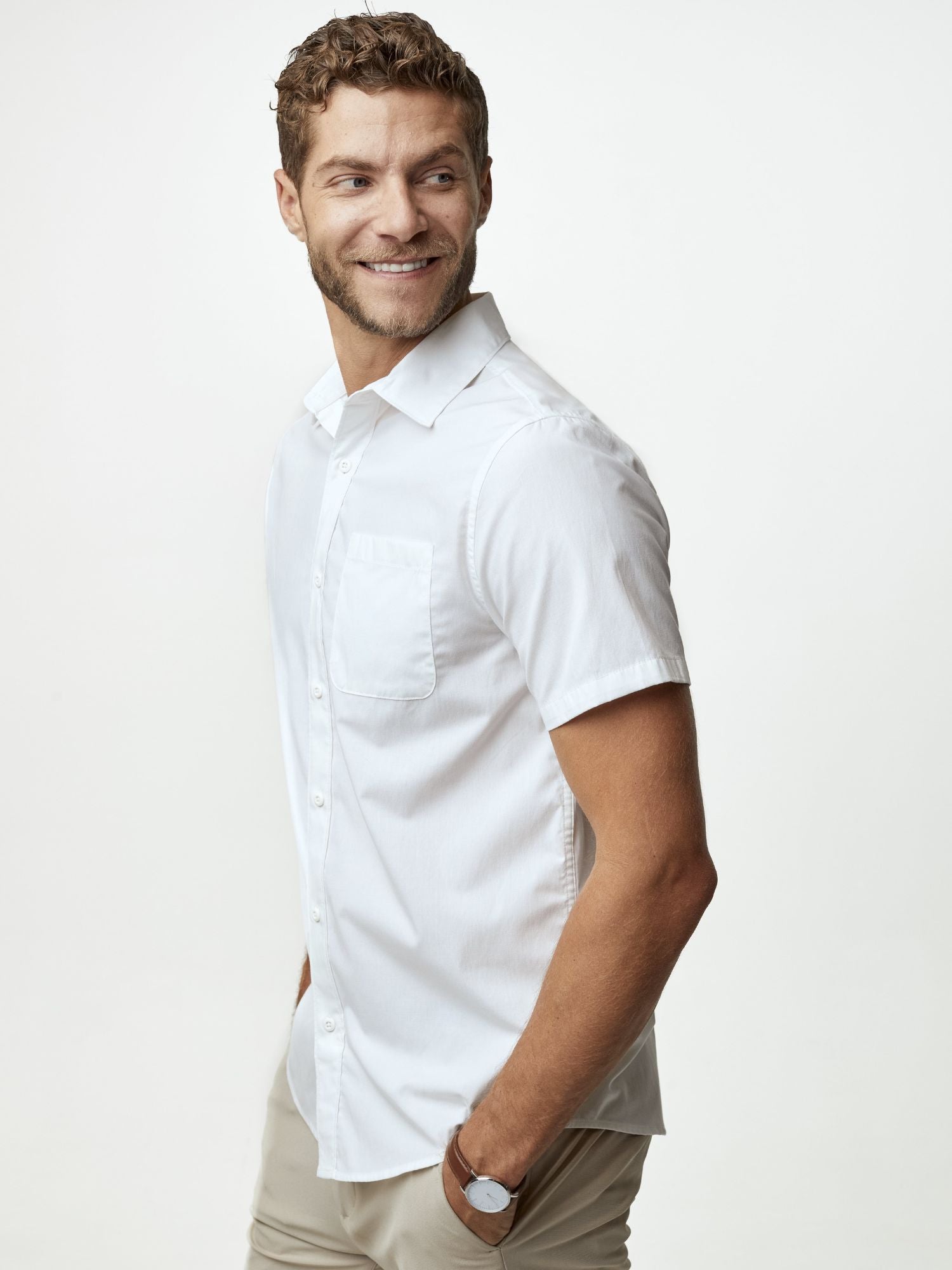 White Stretch Short Sleeve Button Up Shirt for Men - Casual Office Wear & Summer Outfits