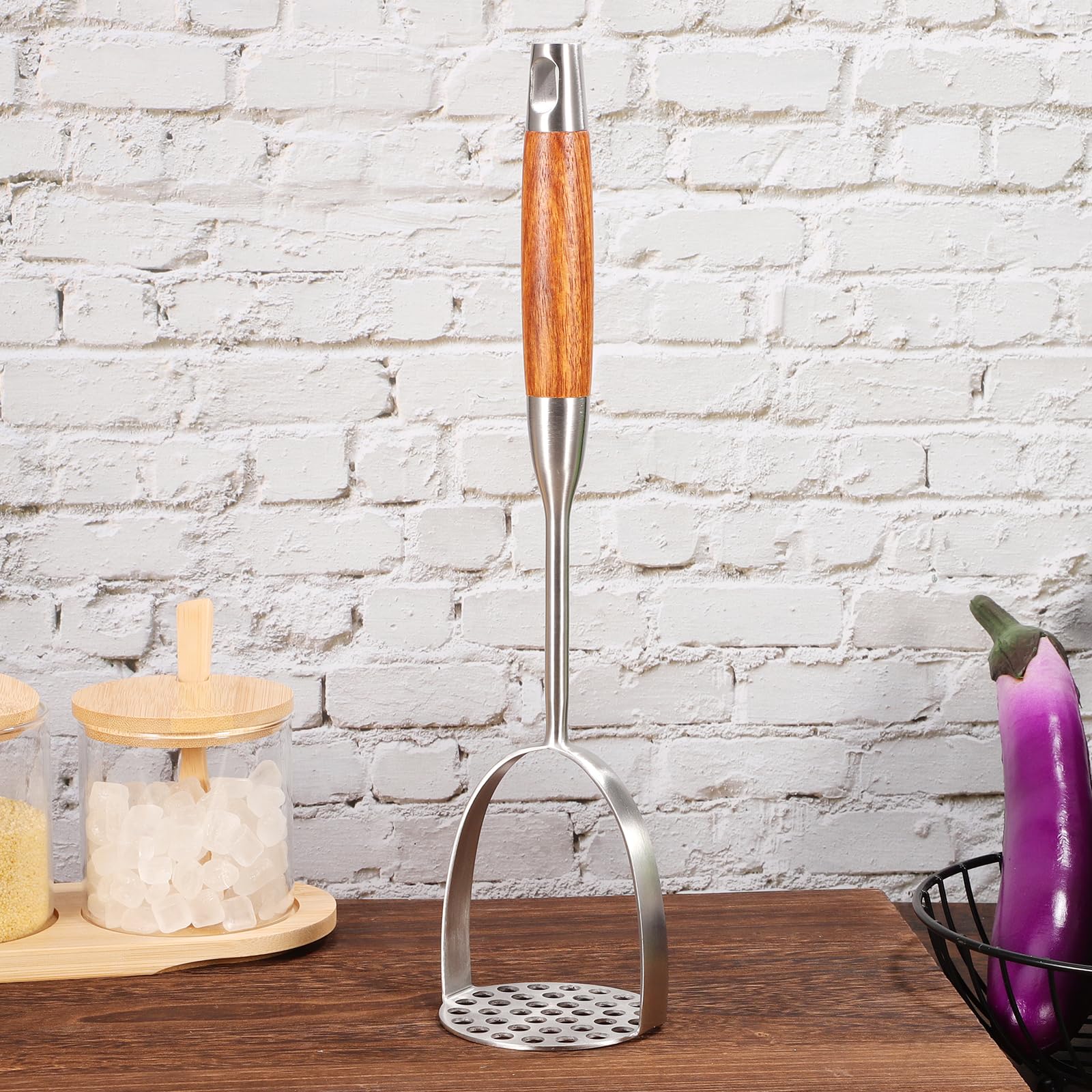 DOITOOL Heavy Duty Stainless Steel Potato Masher with Ergonomic Wooden Handle - Professional Kitchen Tool for Mashing Potatoes, Beans, Vegetables, Fruits, Avocados & Meat - Perfect for Home Cooking, Baking and Meal Prep