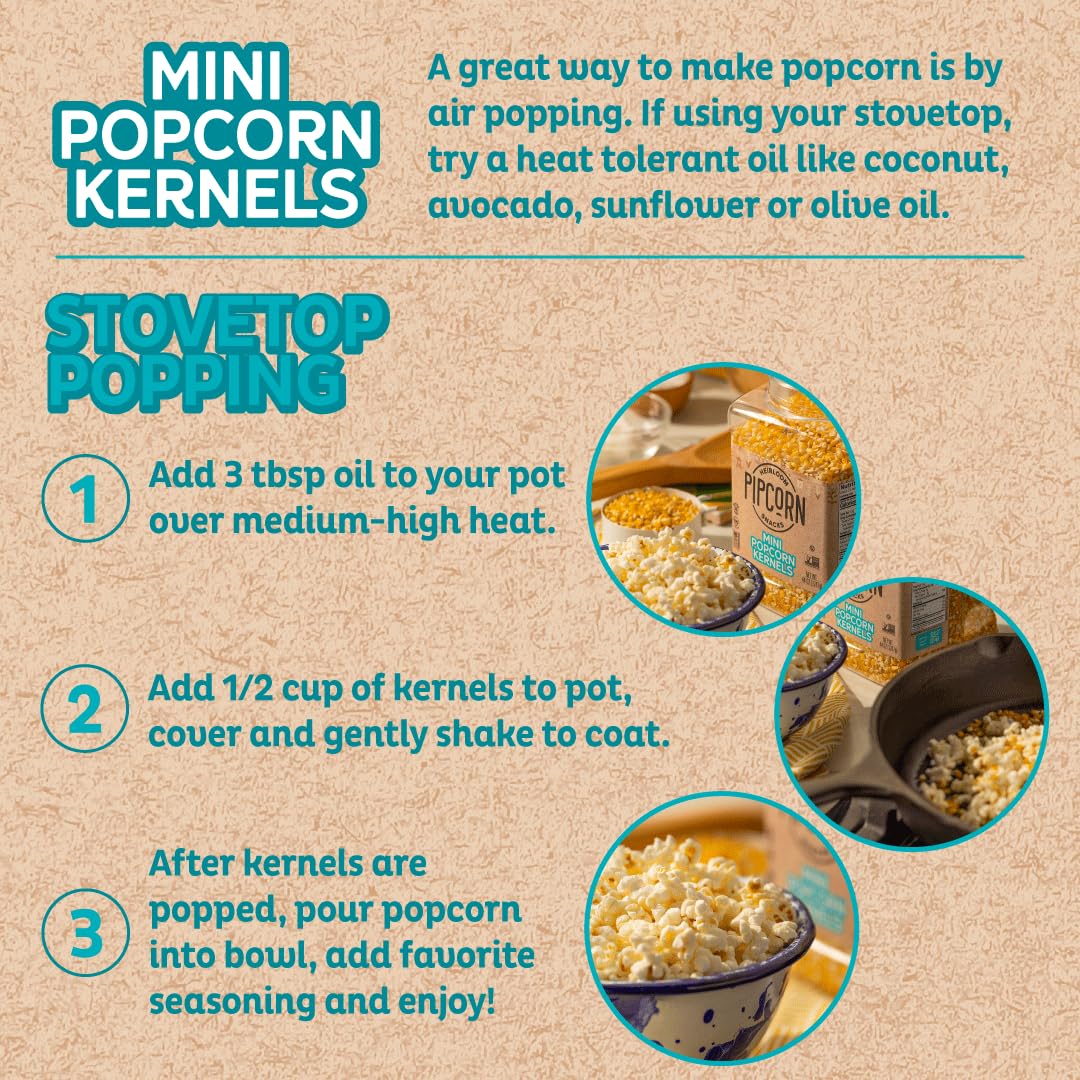 Pipcorn Heirloom Mini Popcorn Kernels - Non-GMO, Vegan, Gluten-Free Healthy Snacks, 44 oz Jar - Perfect for Movie Nights, Parties & Healthy Munching