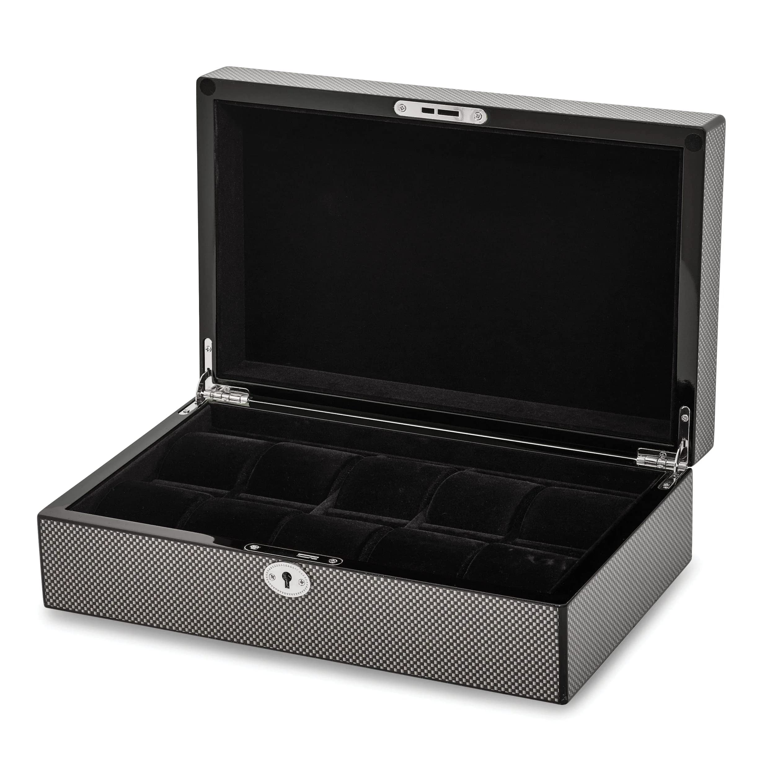 Premium High Gloss Black Carbon Fiber Watch Case - Holds 10 Watches | Luxury Watch Storage & Display Box for Collectors | Perfect for Home, Office & Travel Organization