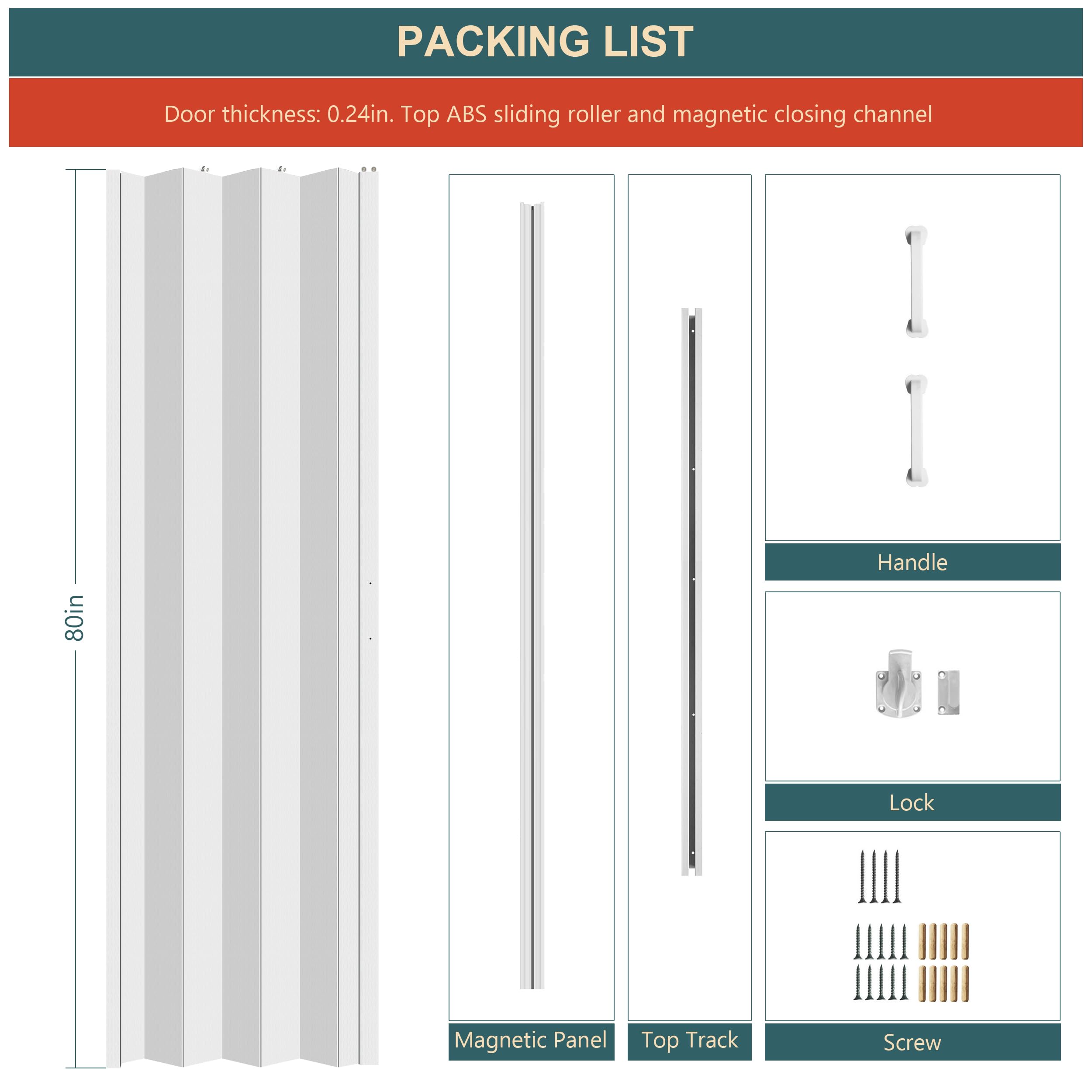 CCBOYSHARDWARE 48x80 Inch White Interior Accordion Door - Easy Install Folding Closet Door with Hardware Kit | Perfect for Bedrooms, Closets & Room Dividers
