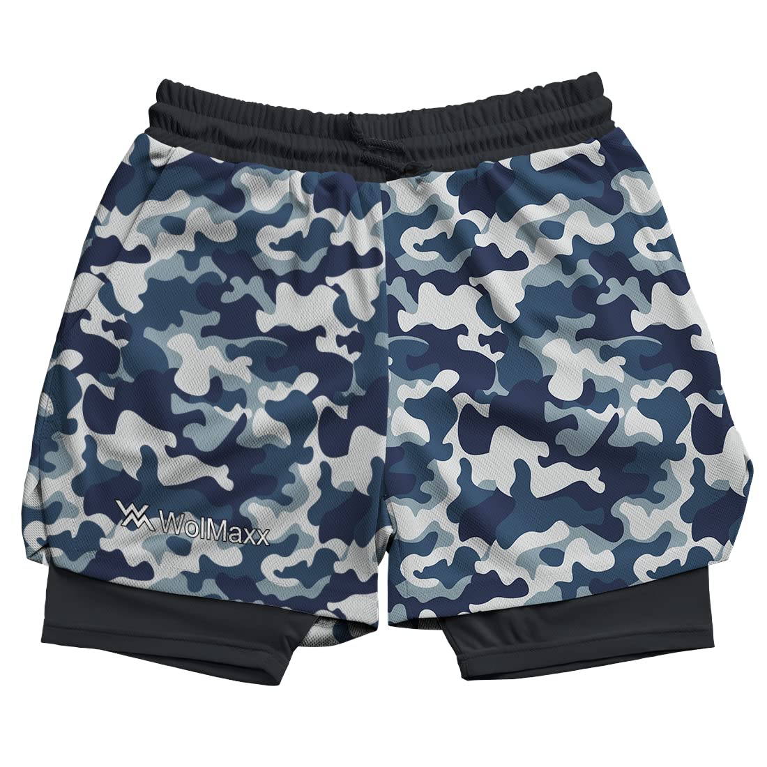 WolMaxx Men's Running Shorts - Blue Camouflage Athletic Shorts with Pockets & Built-in Compression Liner | 2-in-1 Workout Shorts for Jogging, Gym Training & Outdoor Sports