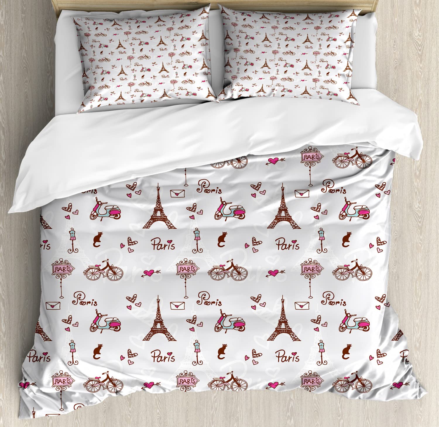 Ambesonne Paris Duvet Cover Set - Queen Size 2-Piece Bedding with 2 Duvet Covers & 4 Pillowcases, Romantic Eiffel Tower Heart Print in Redwood Pearl Pink - Perfect for Paris-Themed Bedrooms, Girls' Rooms & Gift Ideas