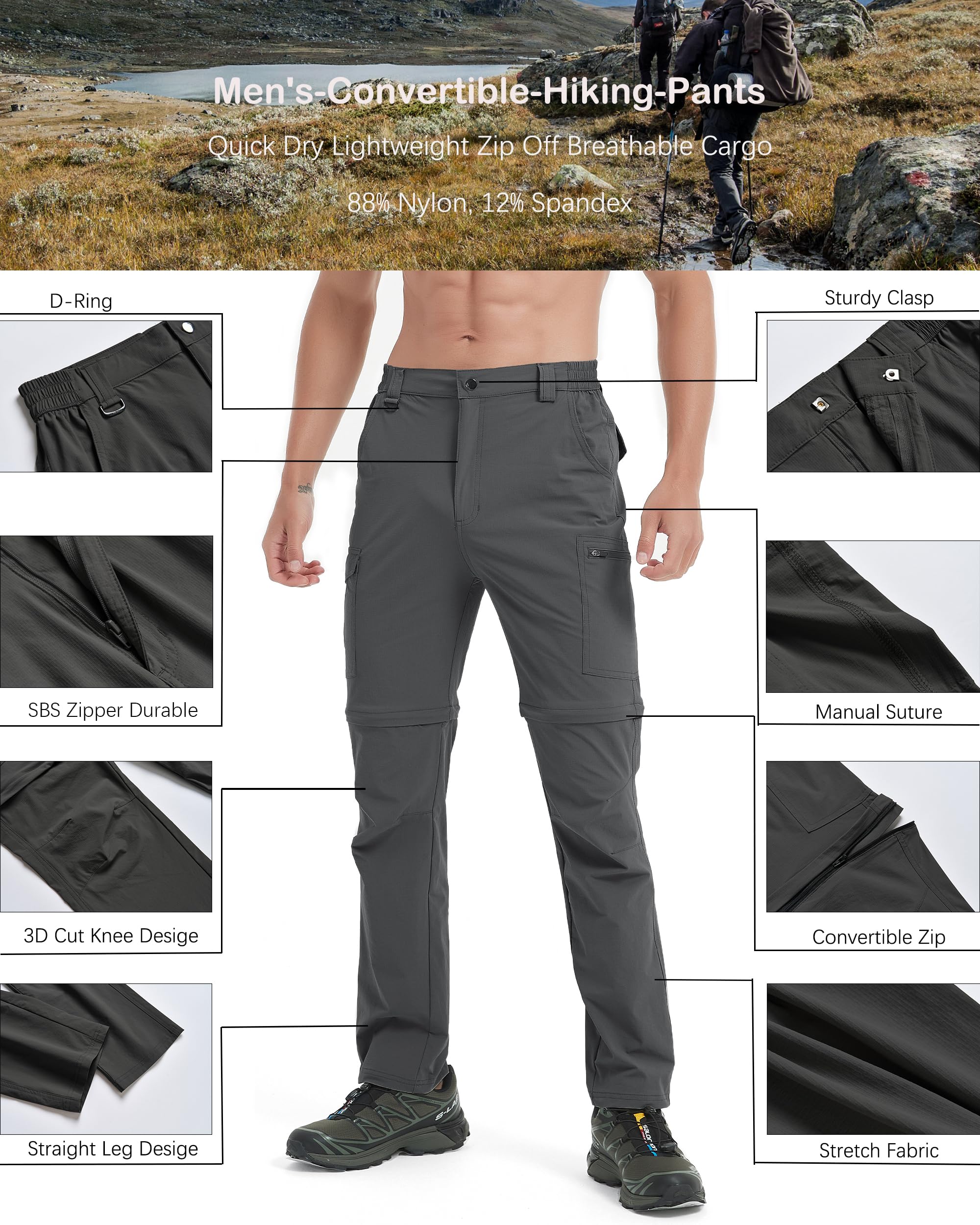 **Men's Convertible Hiking Pants - Waterproof, Quick Dry, Lightweight Outdoor Pants for Hiking, Fishing, Safari & Travel - Zip-Off Cargo Work Pants for Adventure & Everyday Use**