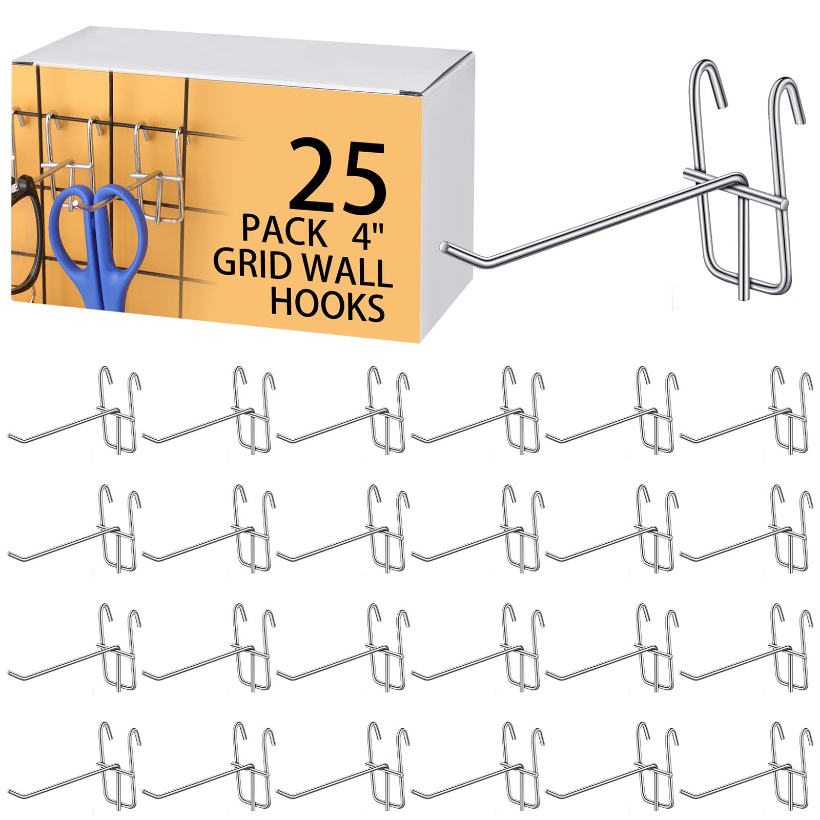 4 Inch Grid Wall Hooks 25 Pack - Heavy Duty Grid Panel Hooks for Garage Organization, Retail Display & Craft Shows - Silver Wall Mount Storage Hangers - Perfect for Home, Store & Workshop Setup