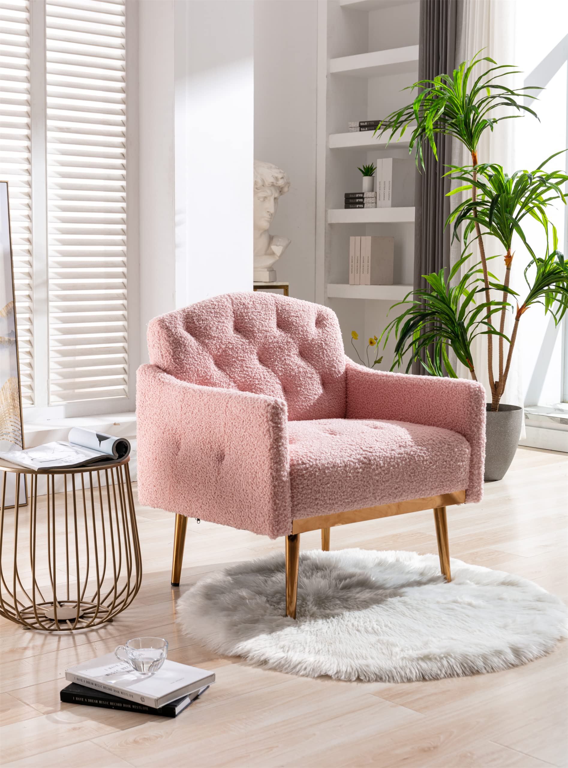 Modern Accent Chair with Upholstered Armrests - Club Lounge Chair for Living Room, Studio, Reading Nook & Dressing Room - Soft Teddy Pink Fabric - Perfect for Relaxing, Entertaining & Home Decor